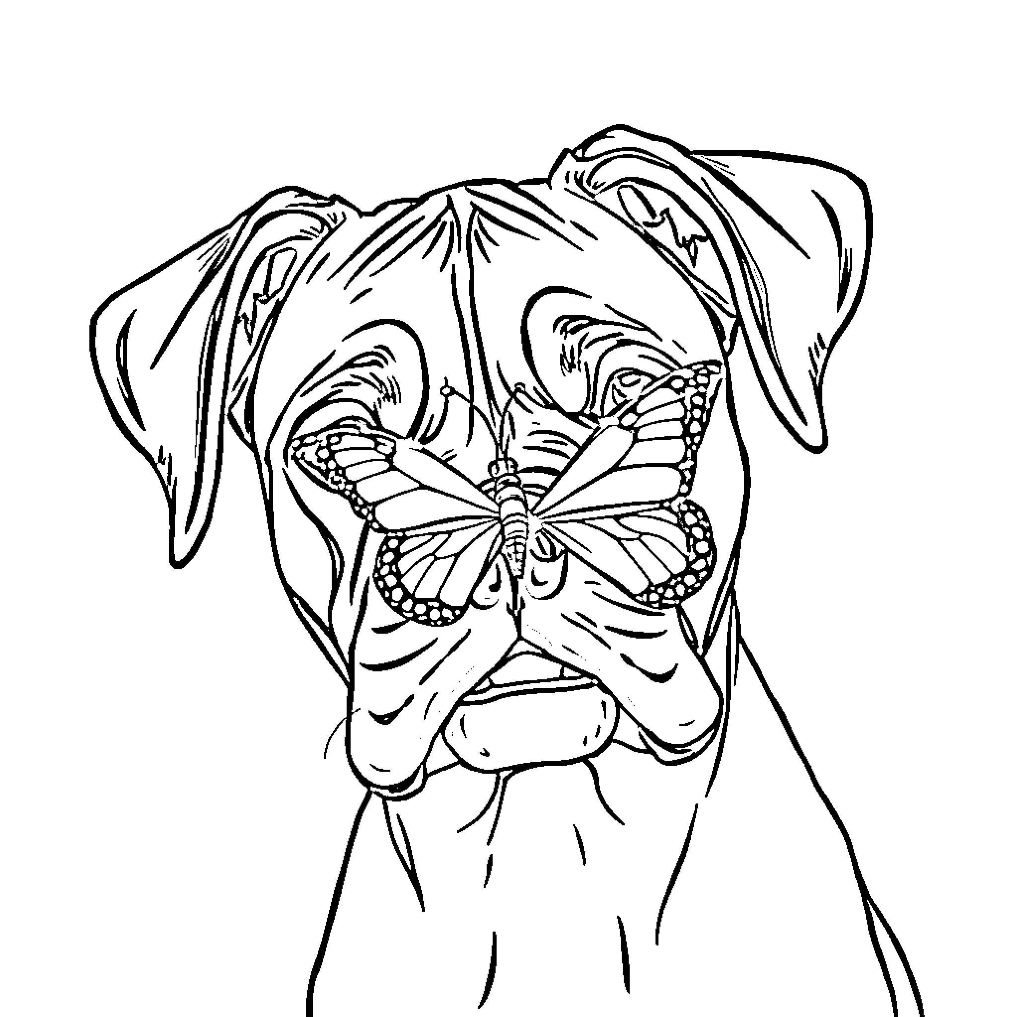 Boxer dog with butterfly perched on its nose Coloring Page (free black-and-white line drawing printable PDF for all, from beginners to advanced learners, including children, teens, adults, and seniors)