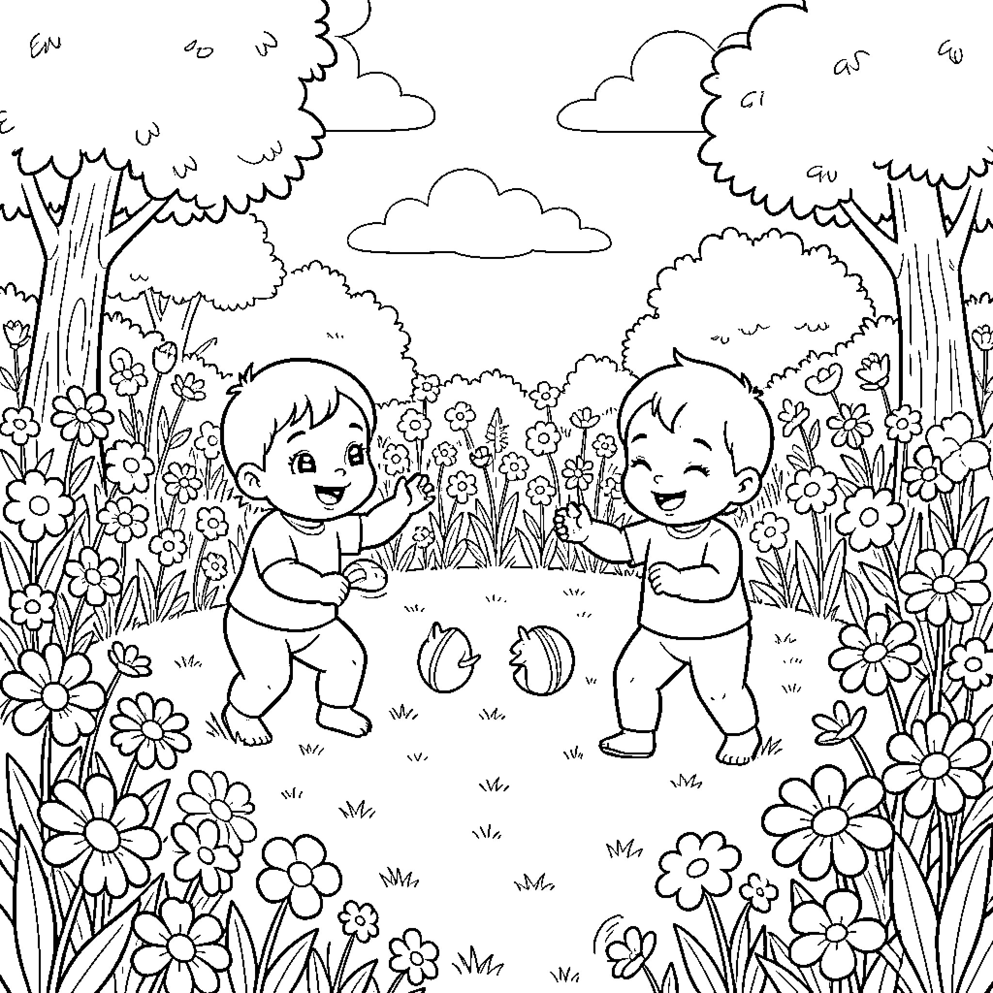 Baby Exploring Playful Garden with Flowers Coloring Page (free black-and-white line drawing printable PDF for all, from beginners to advanced learners, including children, teens, adults, and seniors)