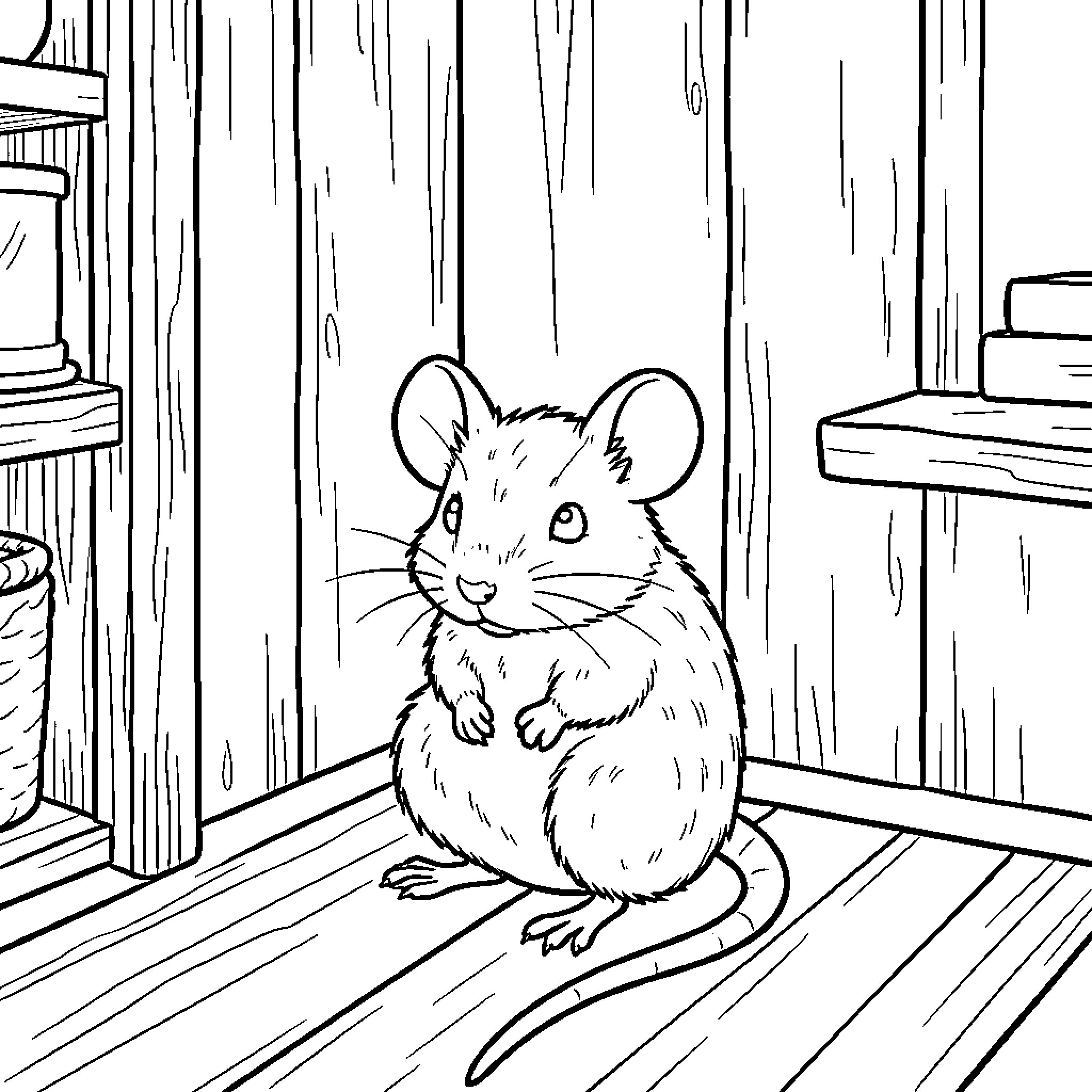 Mouse sitting curiously in a wooden room Coloring Page (free black-and-white line drawing printable PDF for all, from beginners to advanced learners, including children, teens, adults, and seniors)