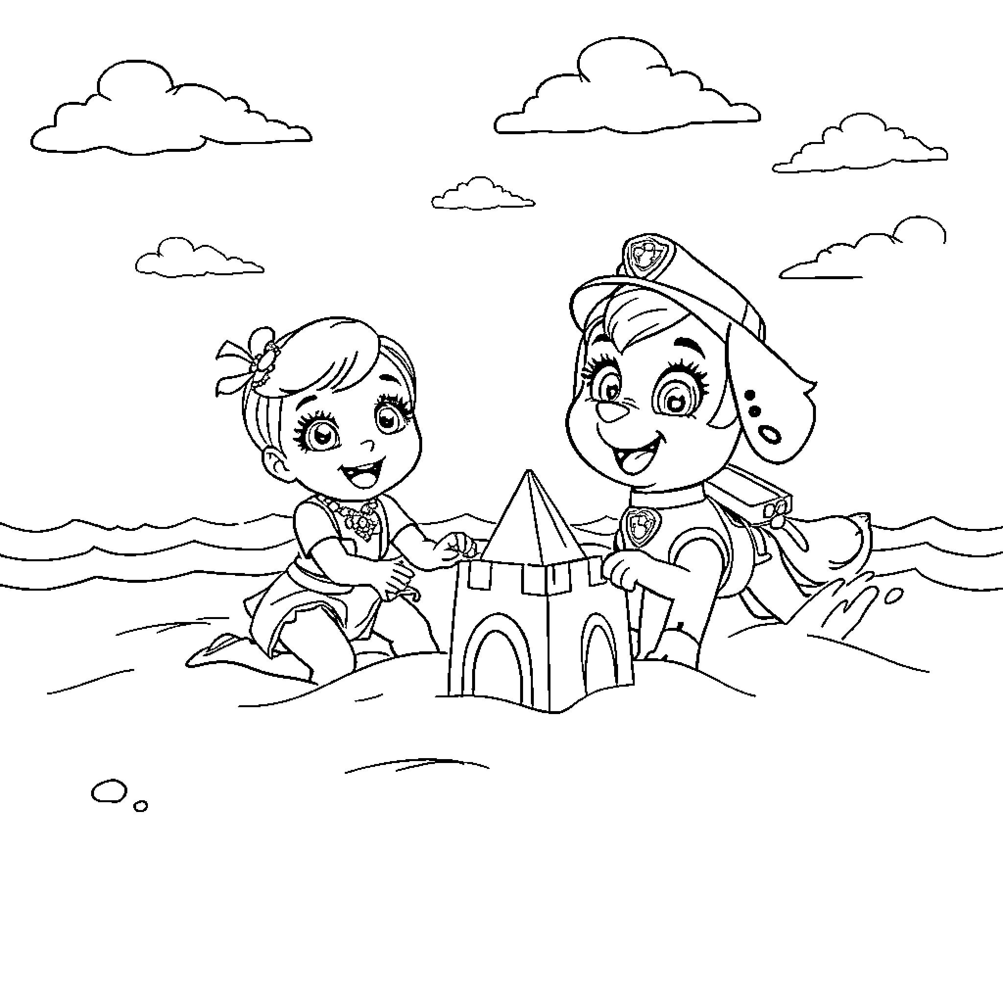 Gabby and Officer Paw building a sandcastle on the beach Coloring Page (free black-and-white line drawing printable PDF for all, from beginners to advanced learners, including children, teens, adults, and seniors)