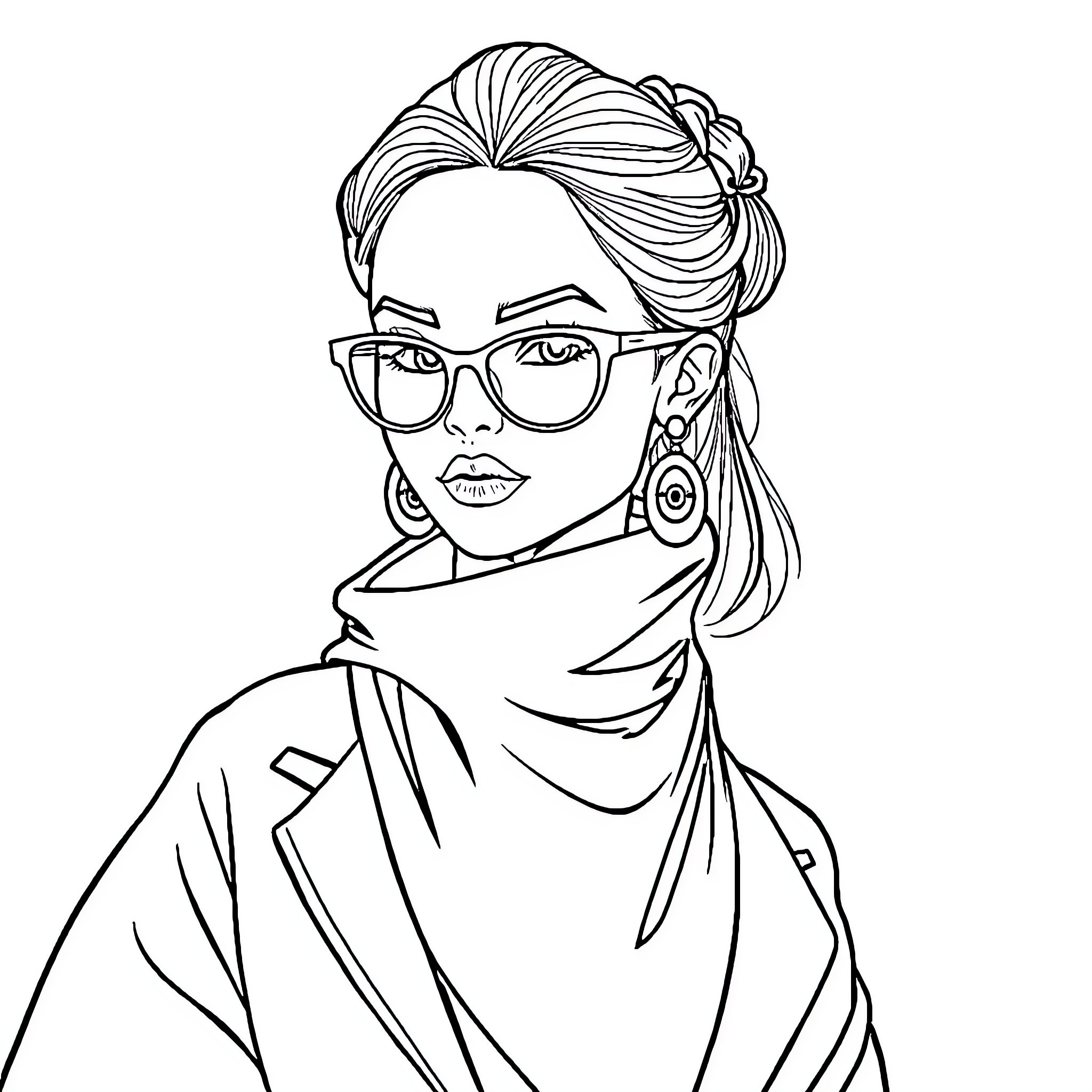 Chica in Glasses and Scarf Posing Stylishly Coloring Page (free black-and-white line drawing printable PDF for all, from beginners to advanced learners, including children, teens, adults, and seniors)