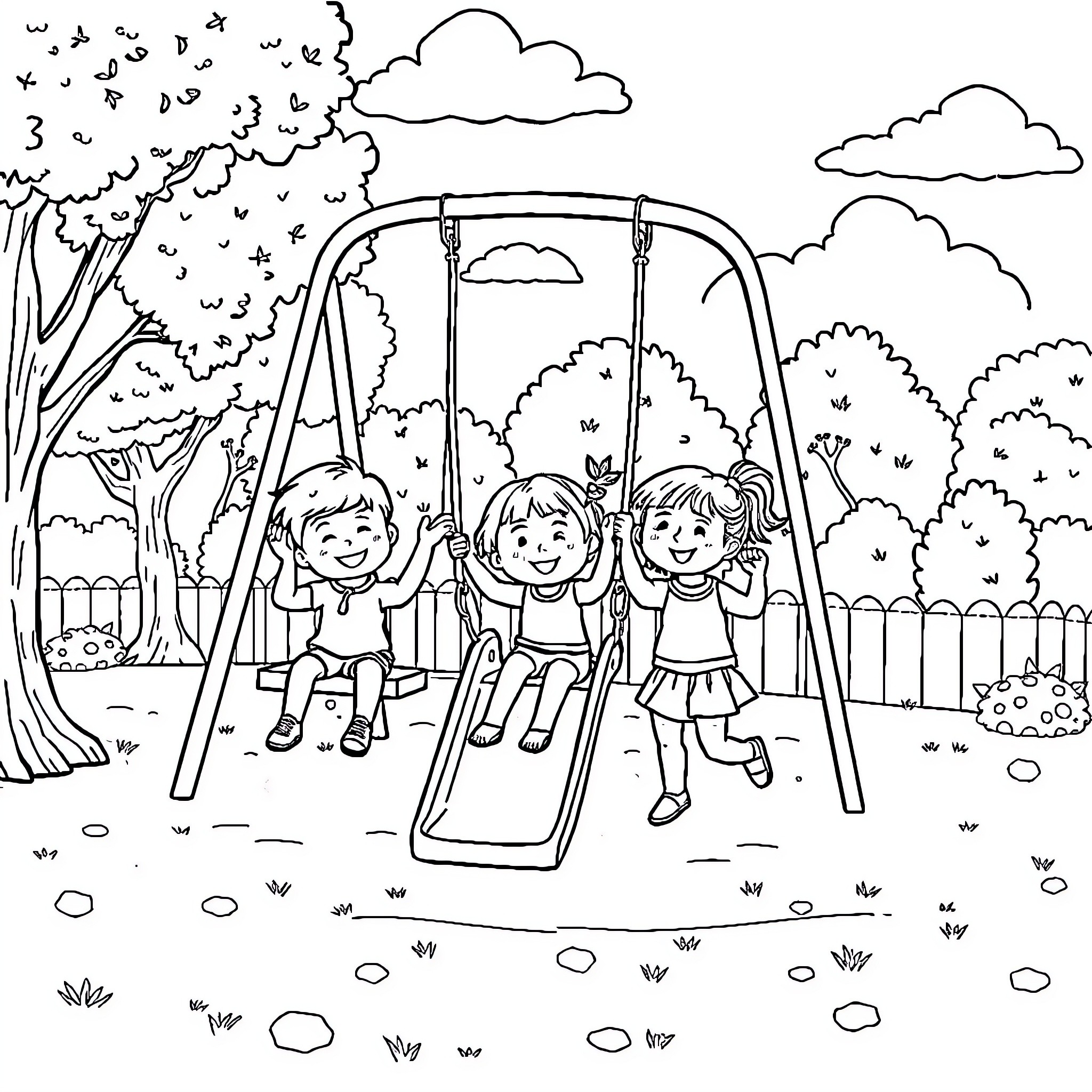 Kids playing joyfully on a playground swing Coloring Page (free black-and-white line drawing printable PDF for all, from beginners to advanced learners, including children, teens, adults, and seniors)