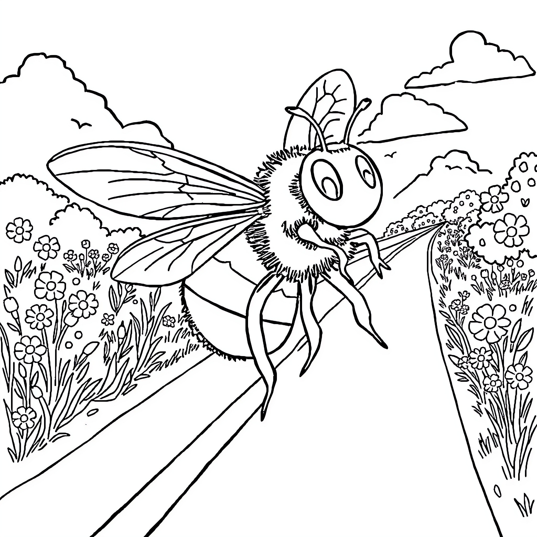 Bee cheerfully flying through a flowery meadow Coloring Page (free black-and-white line drawing printable PDF for all, from beginners to advanced learners, including children, teens, adults, and seniors)