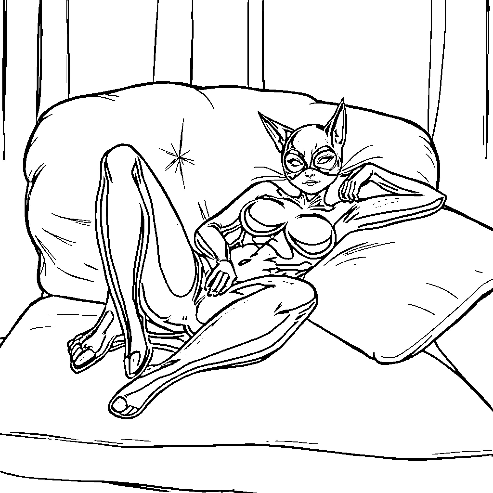 Cat Woman relaxing on the bed Coloring Page (free black-and-white line drawing printable PDF for all, from beginners to advanced learners, including children, teens, adults, and seniors)