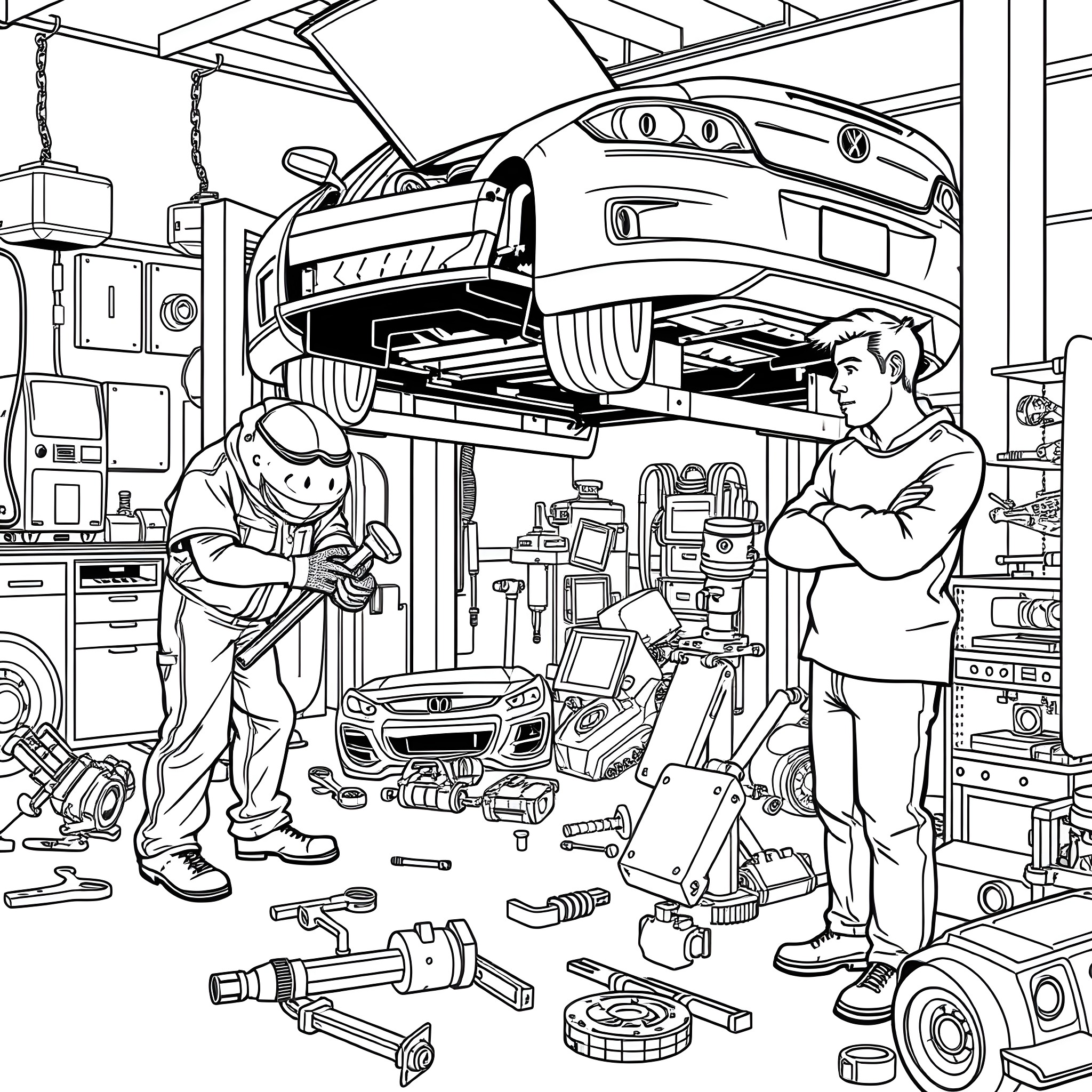 Mechanic working on car repairs in auto shop Coloring Page (free black-and-white line drawing printable PDF for all, from beginners to advanced learners, including children, teens, adults, and seniors)