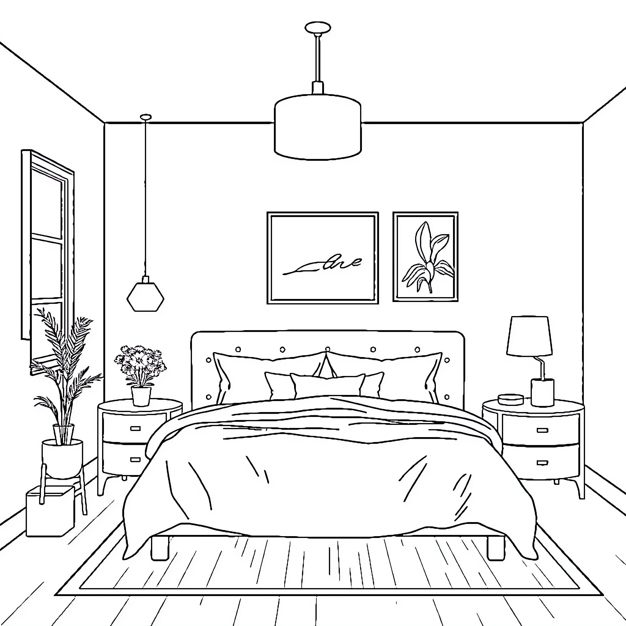 Room with a Cozy Bedroom Setup Coloring Page (free black-and-white line drawing printable PDF for all, from beginners to advanced learners, including children, teens, adults, and seniors)