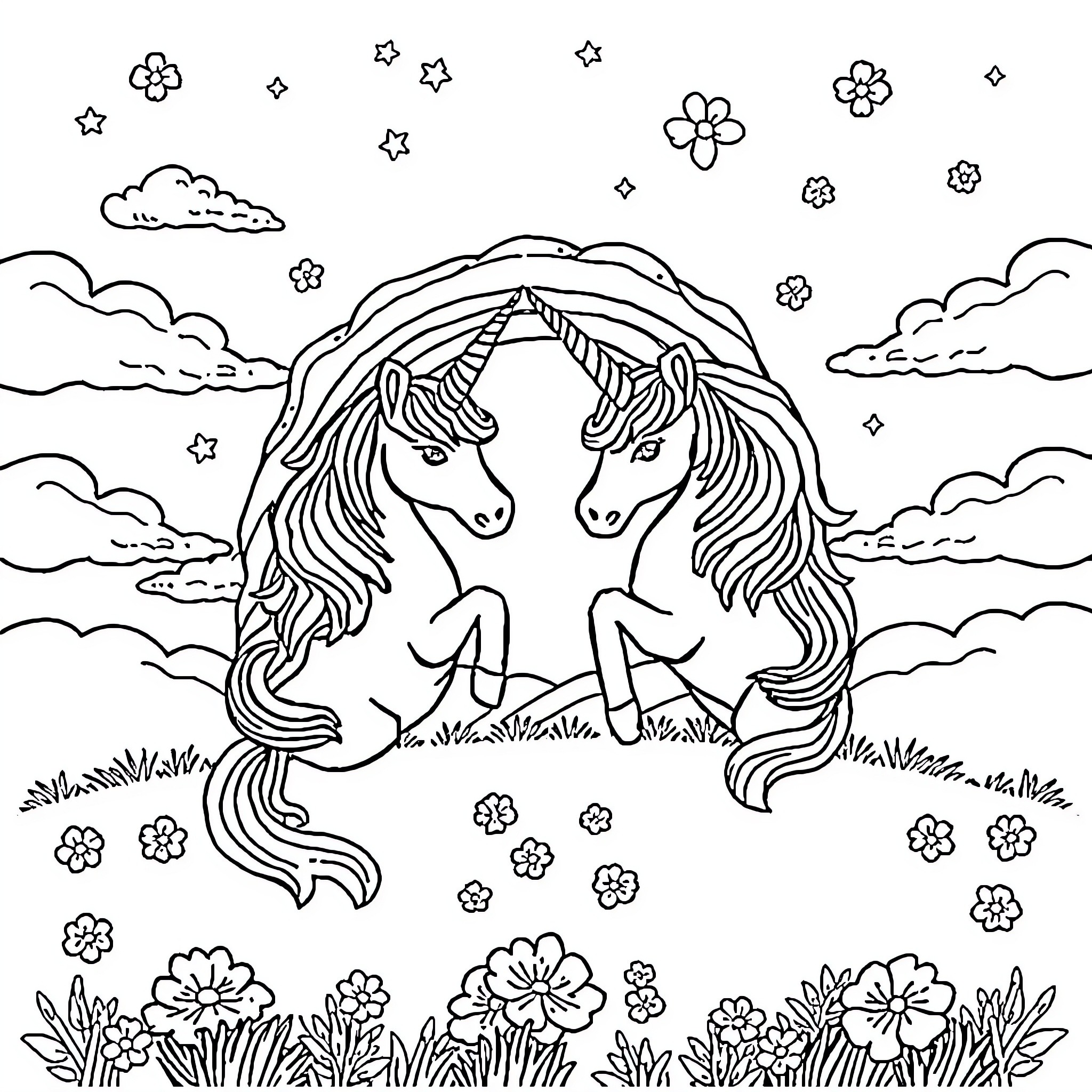 Unicorn companions sharing a magical moment Coloring Page (free black-and-white line drawing printable PDF for all, from beginners to advanced learners, including children, teens, adults, and seniors)