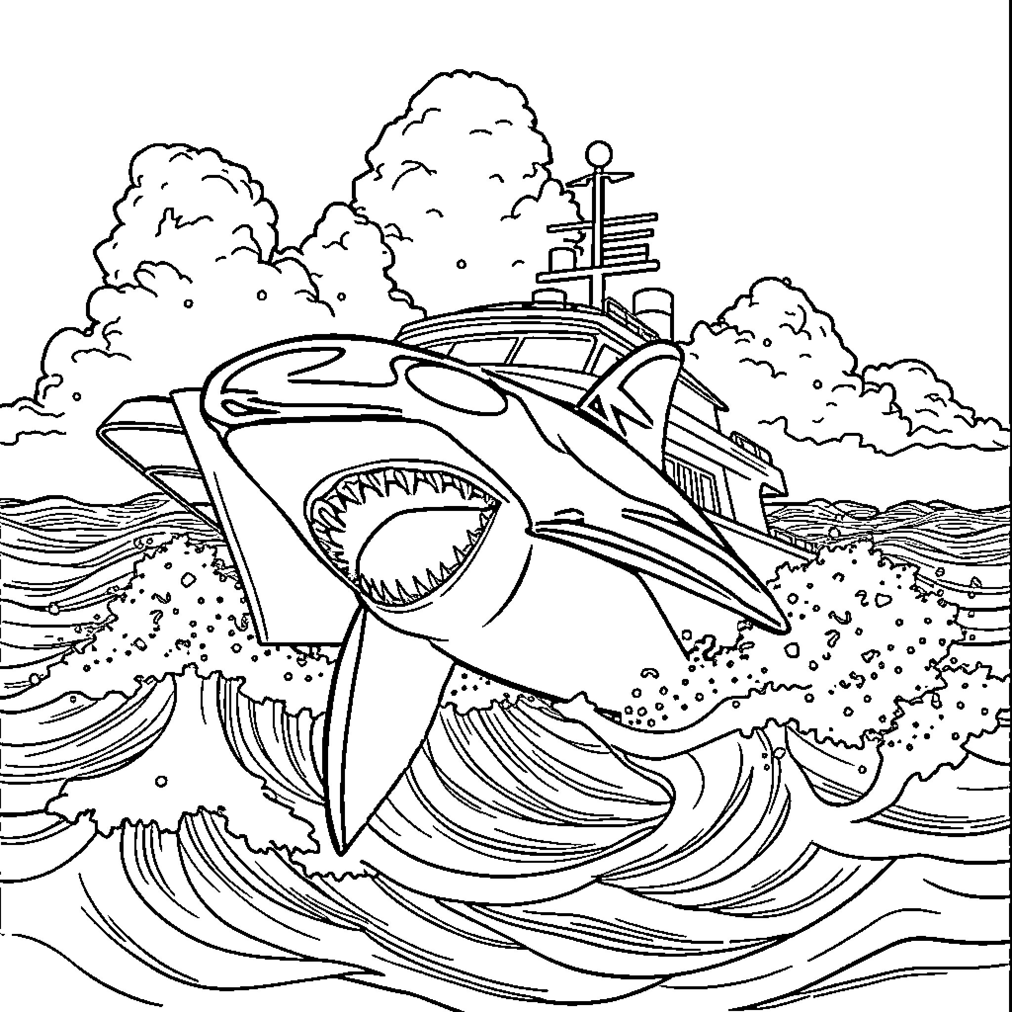 Orca swimming in the turbulent ocean Coloring Page (free black-and-white line drawing printable PDF for all, from beginners to advanced learners, including children, teens, adults, and seniors)