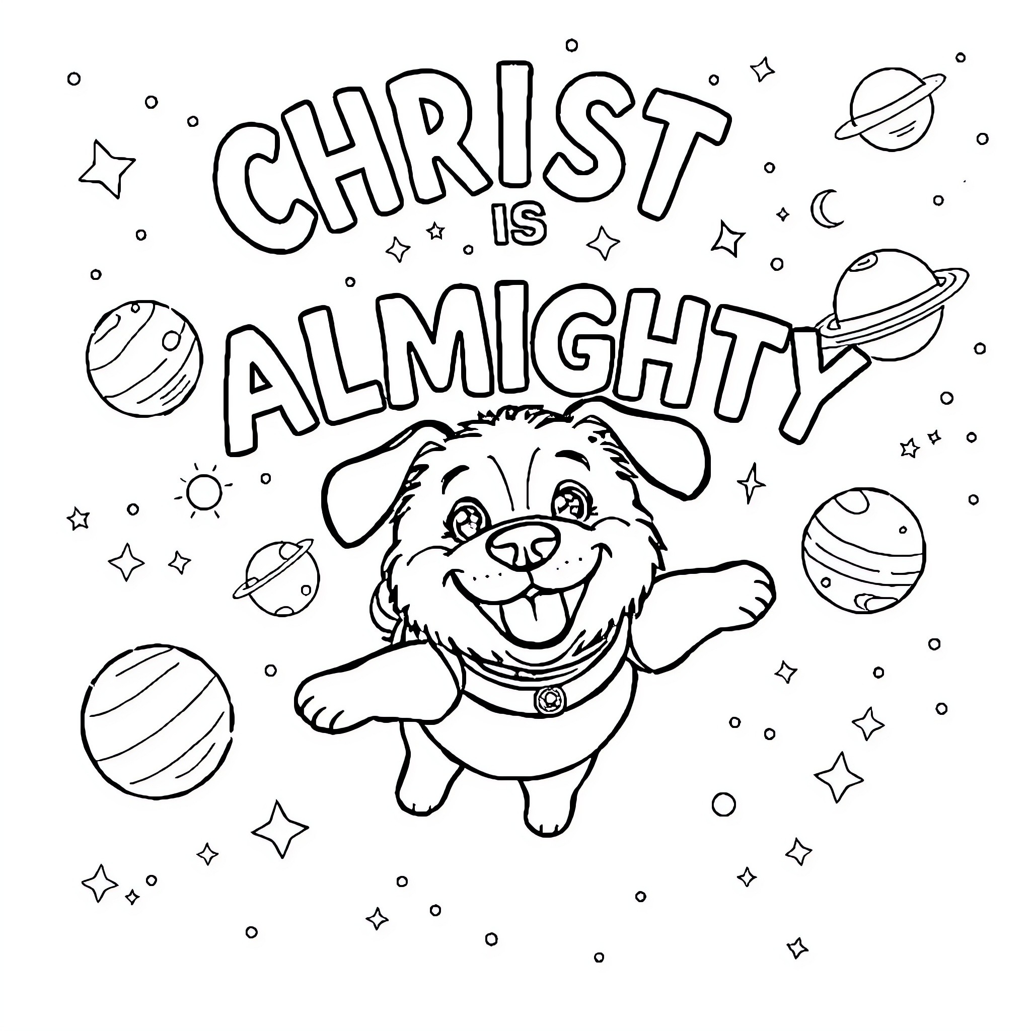 Dog playing joyfully in the space Coloring Page (free black-and-white line drawing printable PDF for all, from beginners to advanced learners, including children, teens, adults, and seniors)