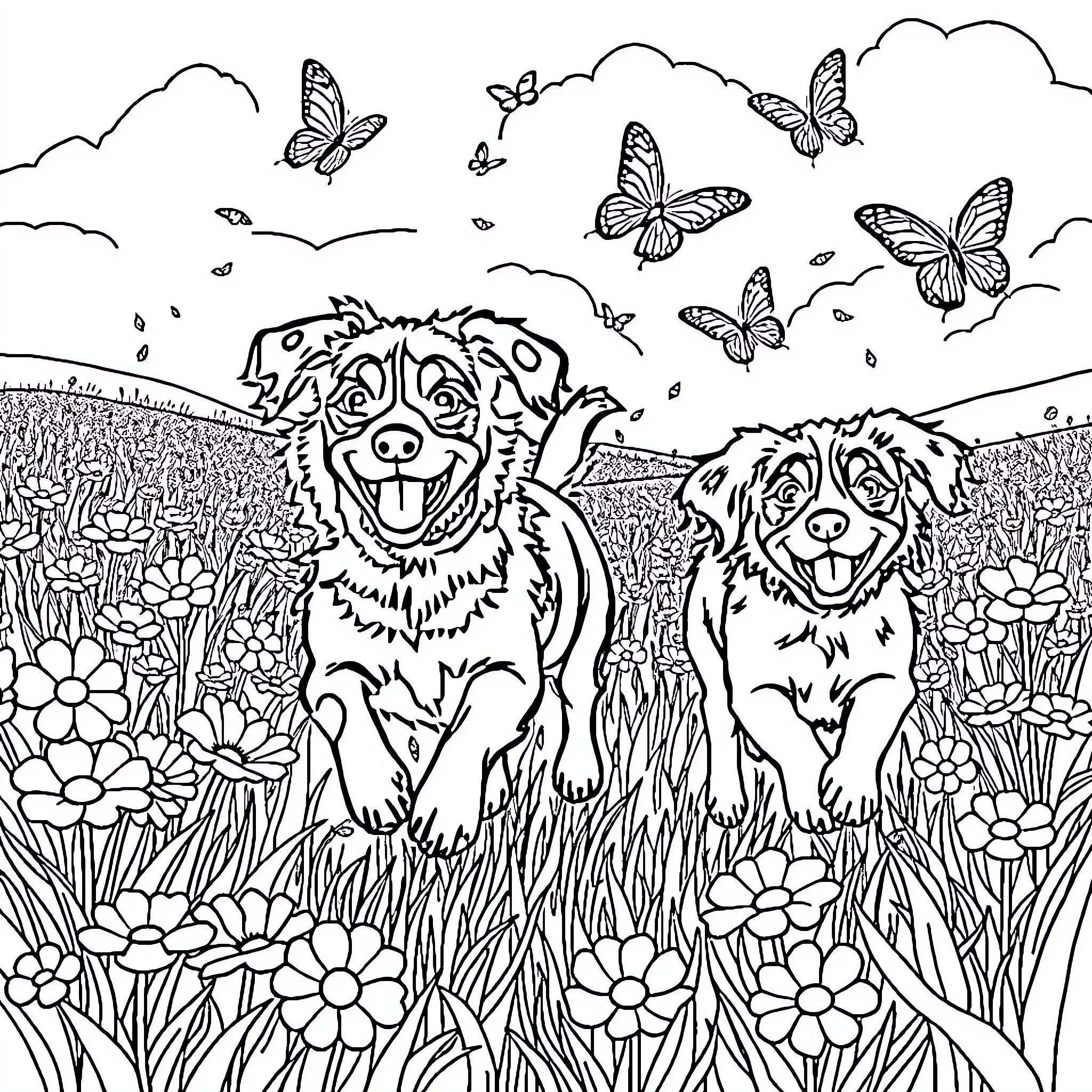 Dog friends playing in a flowery meadow with butterflies Coloring Page (free black-and-white line drawing printable PDF for all, from beginners to advanced learners, including children, teens, adults, and seniors)