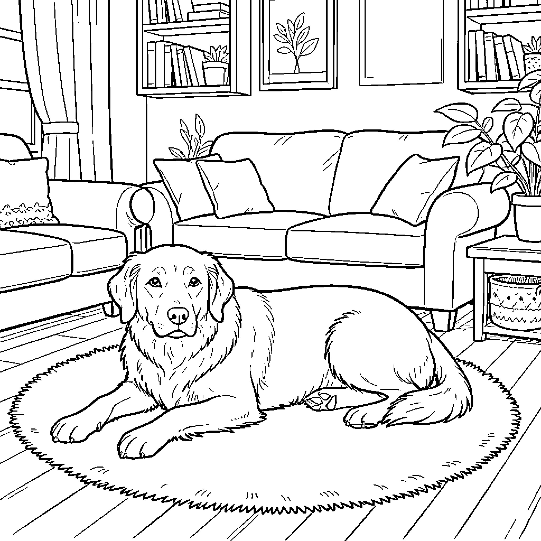 Dog lying peacefully on a rug in a living room Coloring Page (free black-and-white line drawing printable PDF for all, from beginners to advanced learners, including children, teens, adults, and seniors)