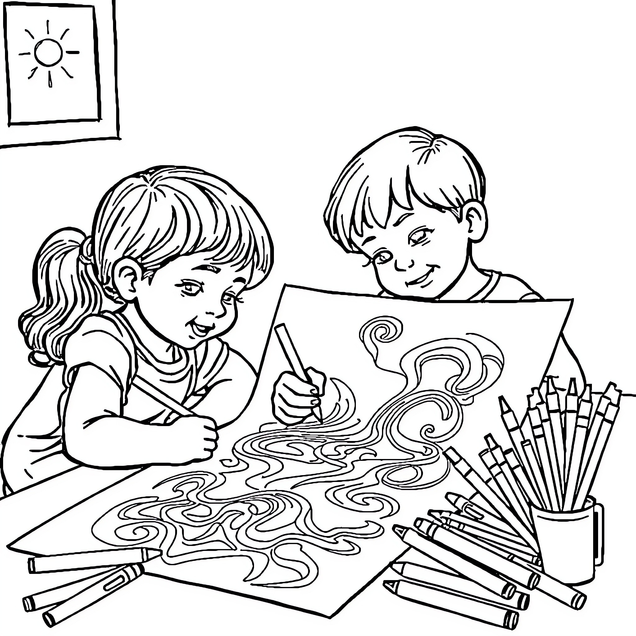 Children creating art with crayons and paper Coloring Page (free black-and-white line drawing printable PDF for all, from beginners to advanced learners, including children, teens, adults, and seniors)