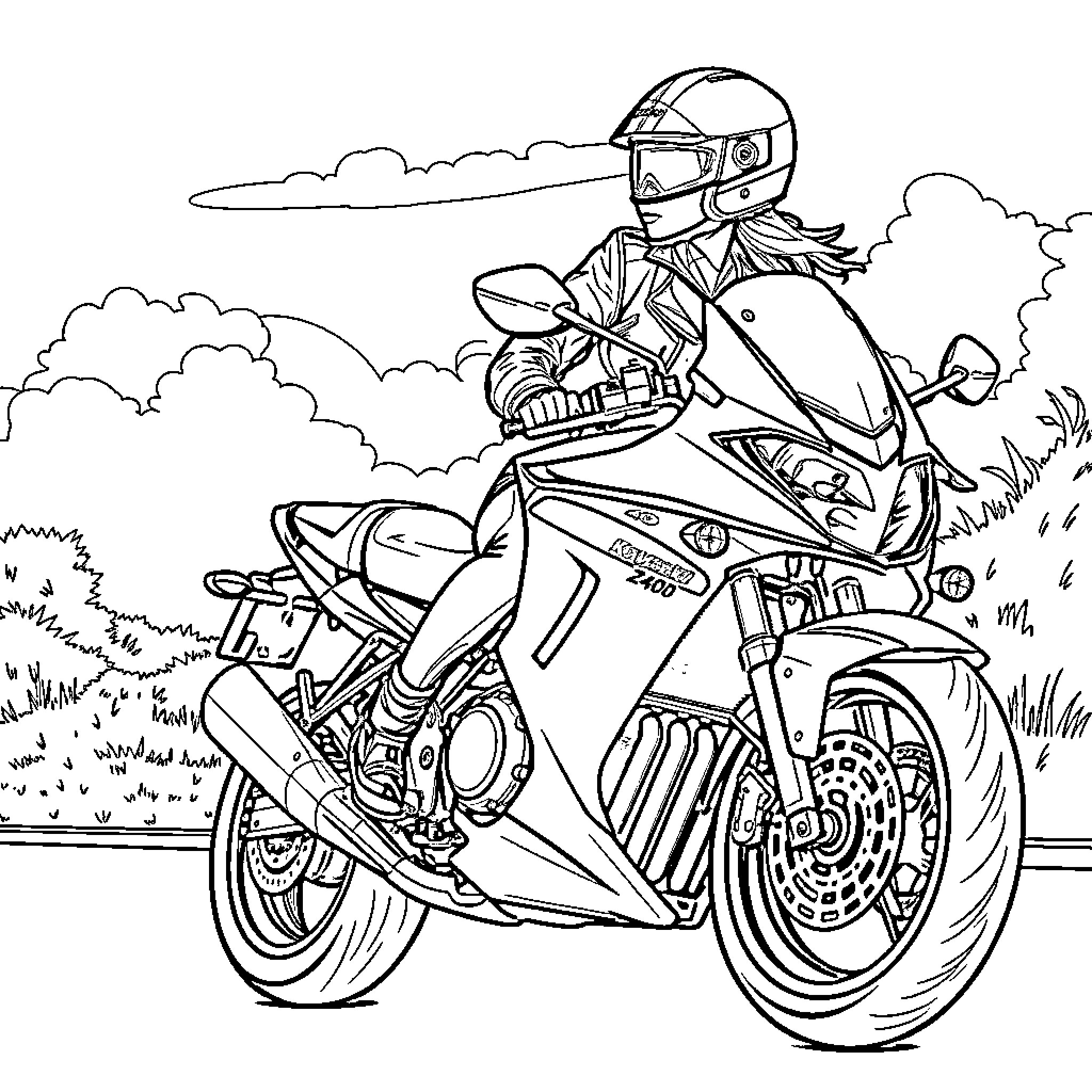Rider on a Powerful Motorcycle in Cloudy Countryside Coloring Page (free black-and-white line drawing printable PDF for all, from beginners to advanced learners, including children, teens, adults, and seniors)