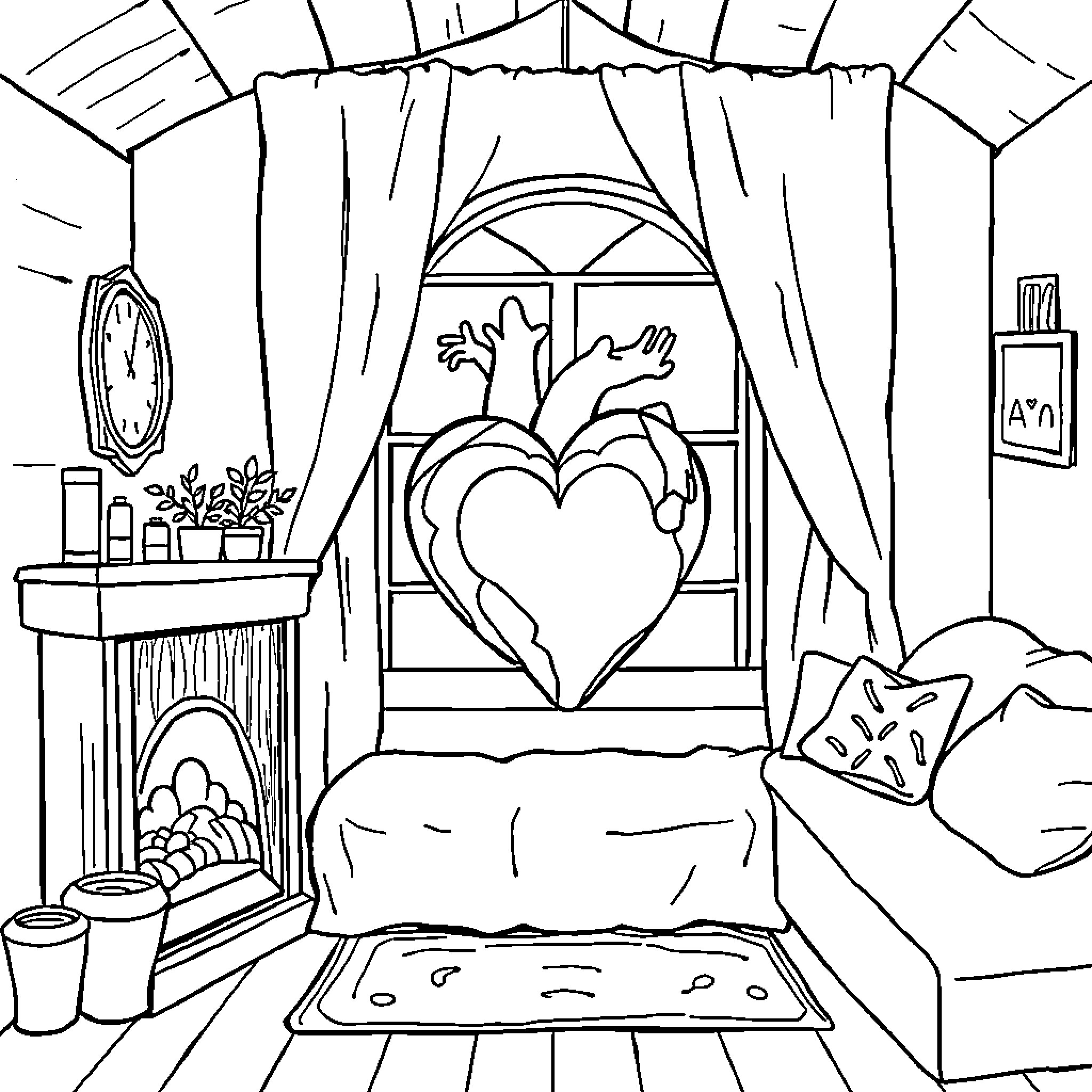 Heart-Shaped Window Cozy Indoor Scene Coloring Page (free black-and-white line drawing printable PDF for all, from beginners to advanced learners, including children, teens, adults, and seniors)