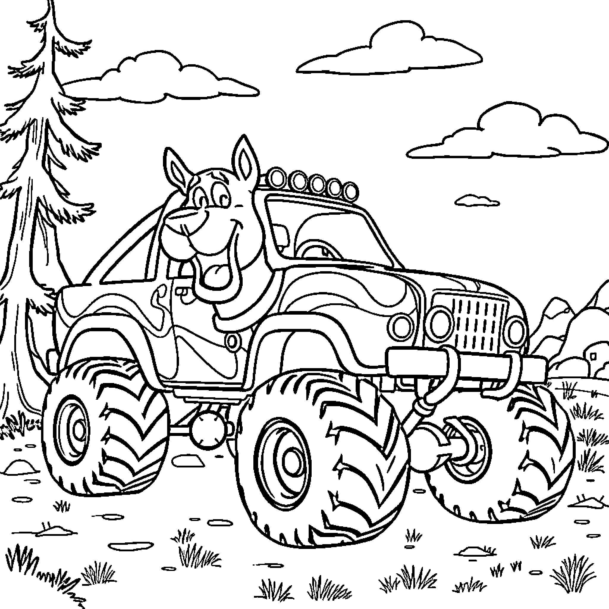 Monster Truck Carrying Cheerful Rabbit in the Wild Coloring Page (free black-and-white line drawing printable PDF for all, from beginners to advanced learners, including children, teens, adults, and seniors)