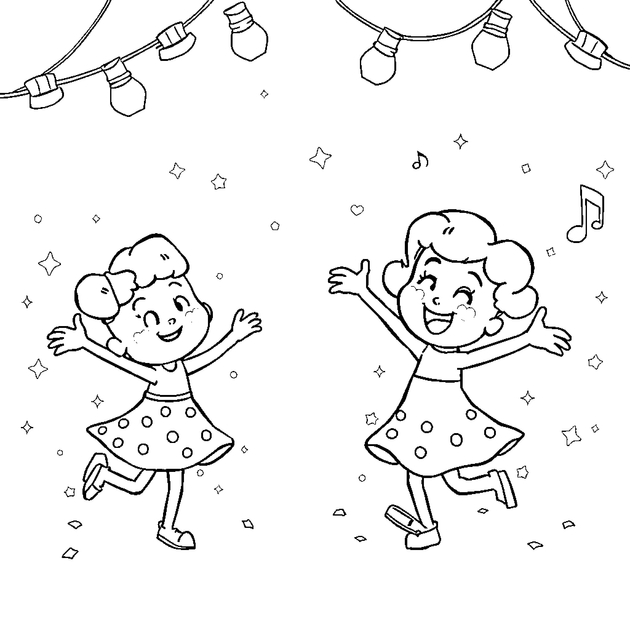 Poppy girls dancing joyfully under the lights Coloring Page (free black-and-white line drawing printable PDF for all, from beginners to advanced learners, including children, teens, adults, and seniors)