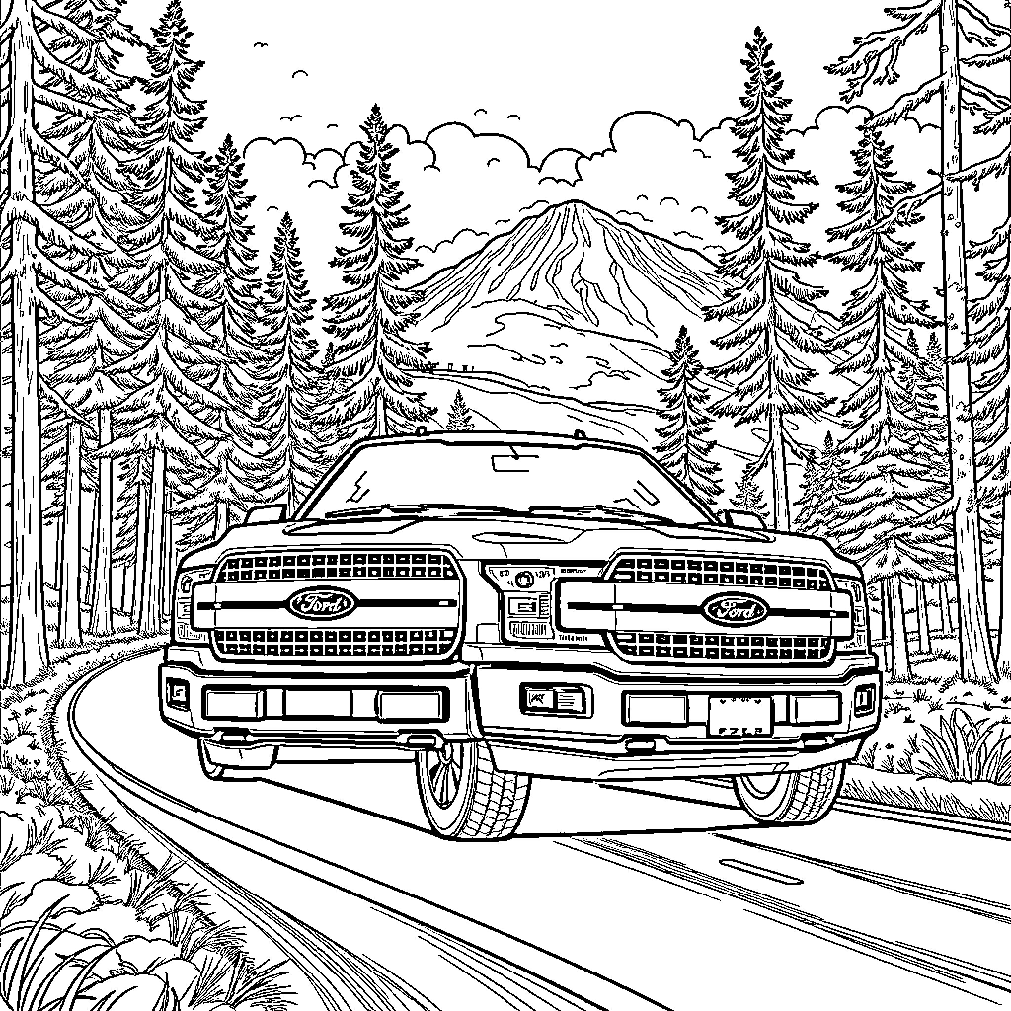 Ford F150 driving through wintry forest landscape Coloring Page (free black-and-white line drawing printable PDF for all, from beginners to advanced learners, including children, teens, adults, and seniors)