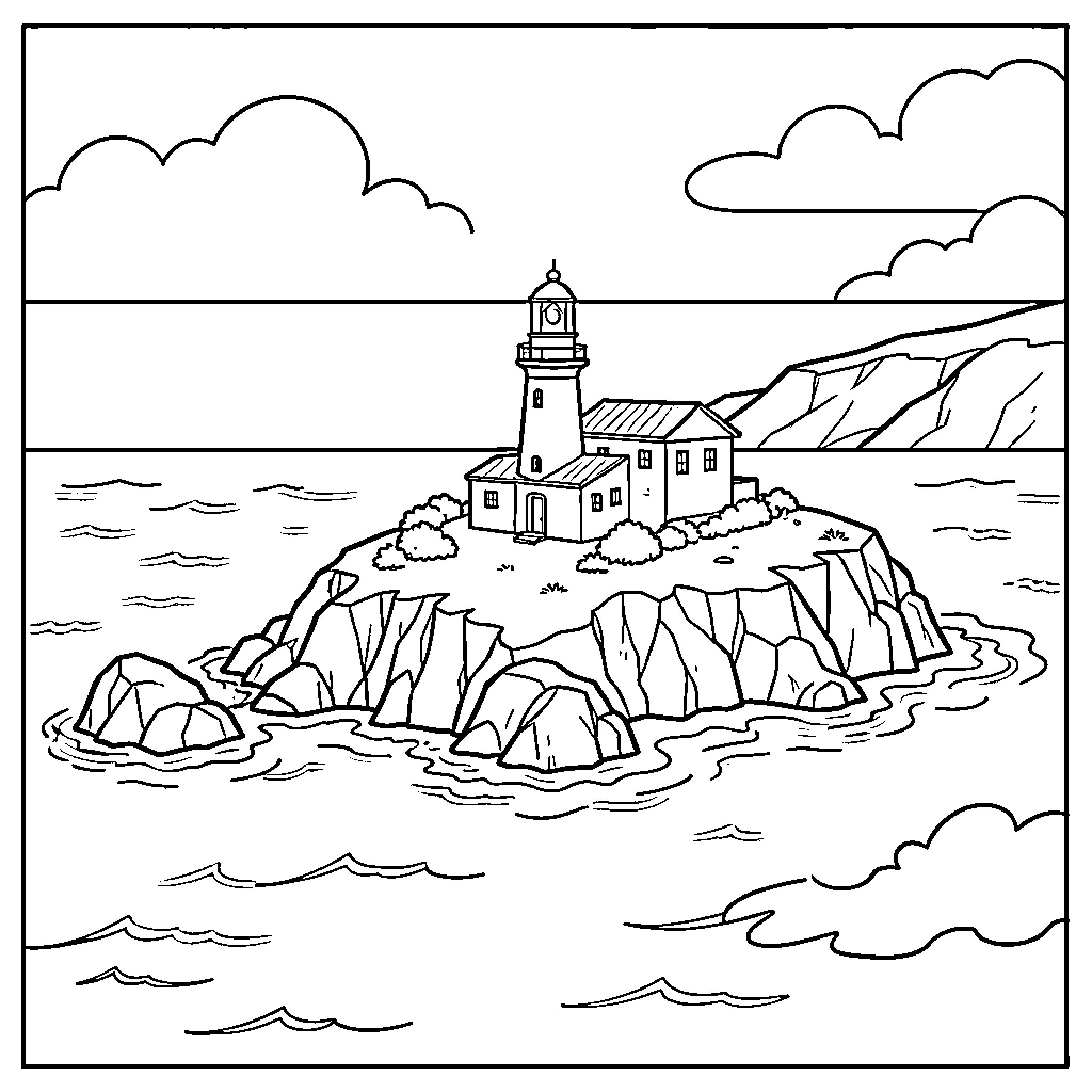 Isla Pancha: Lighthouse on a Rocky Coastal Island Coloring Page (free black-and-white line drawing printable PDF for all, from beginners to advanced learners, including children, teens, adults, and seniors)