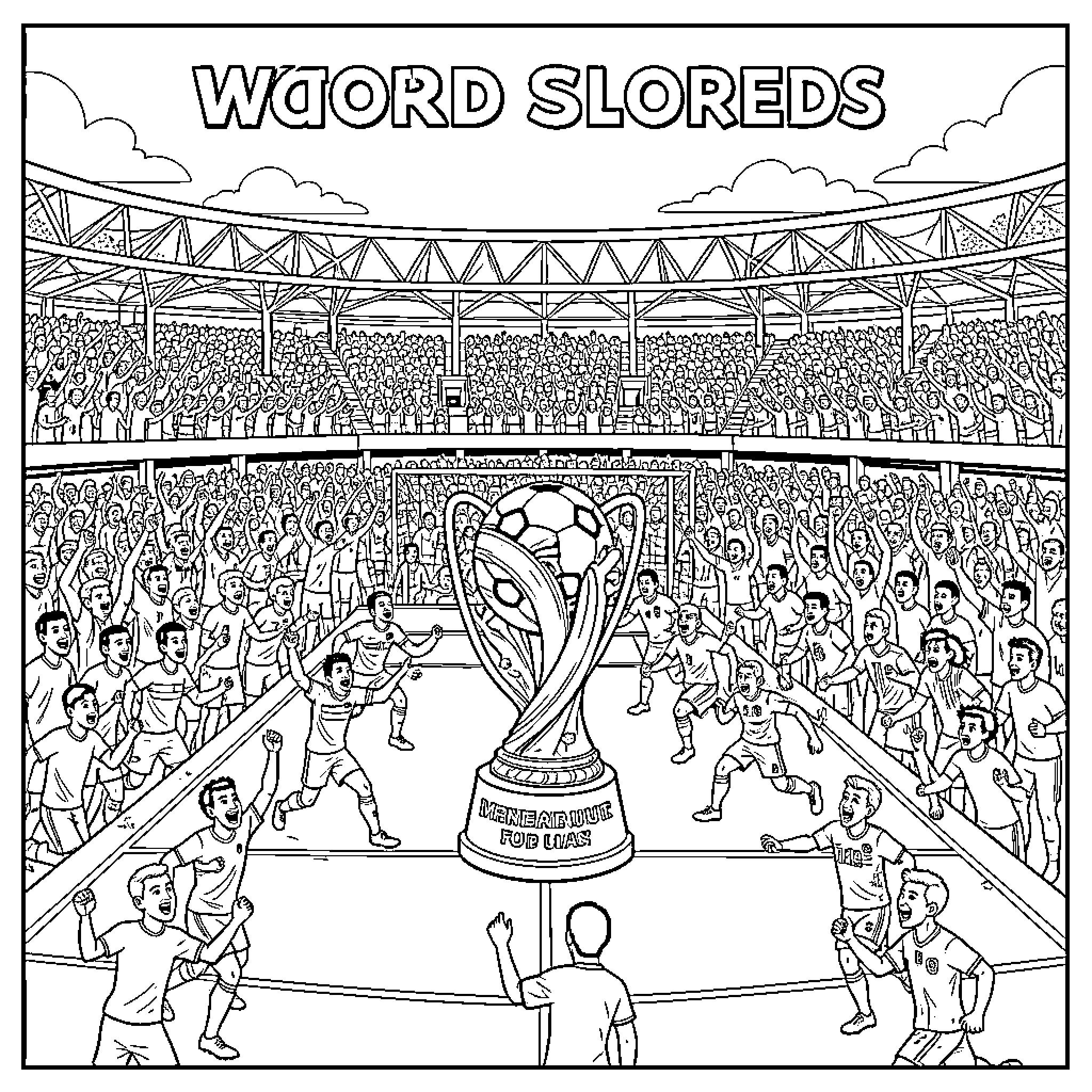 World Cup trophy presented in a crowded stadium Coloring Page (free black-and-white line drawing printable PDF for all, from beginners to advanced learners, including children, teens, adults, and seniors)