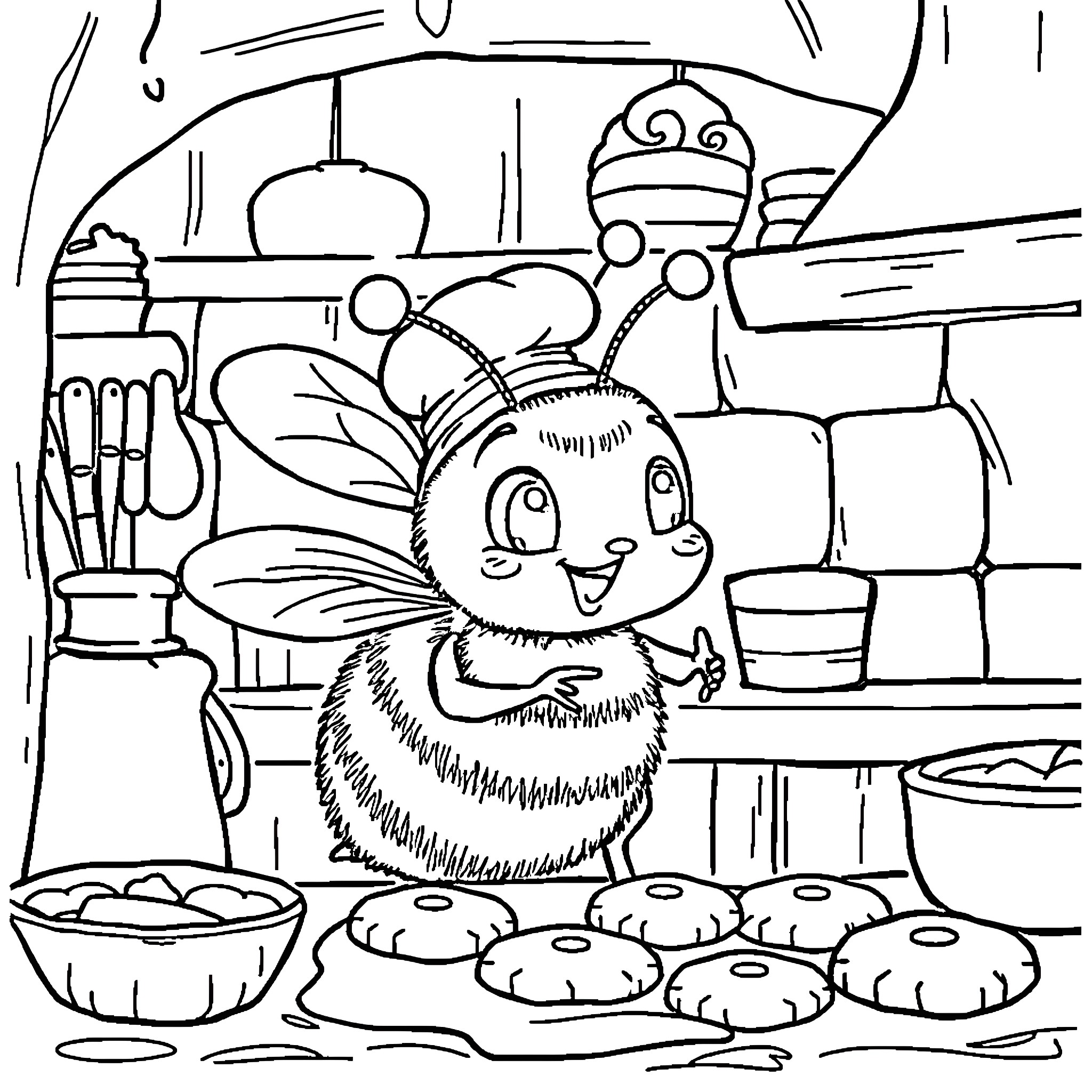 Bumblebee preparing baked goods in a kitchen Coloring Page (free black-and-white line drawing printable PDF for all, from beginners to advanced learners, including children, teens, adults, and seniors)