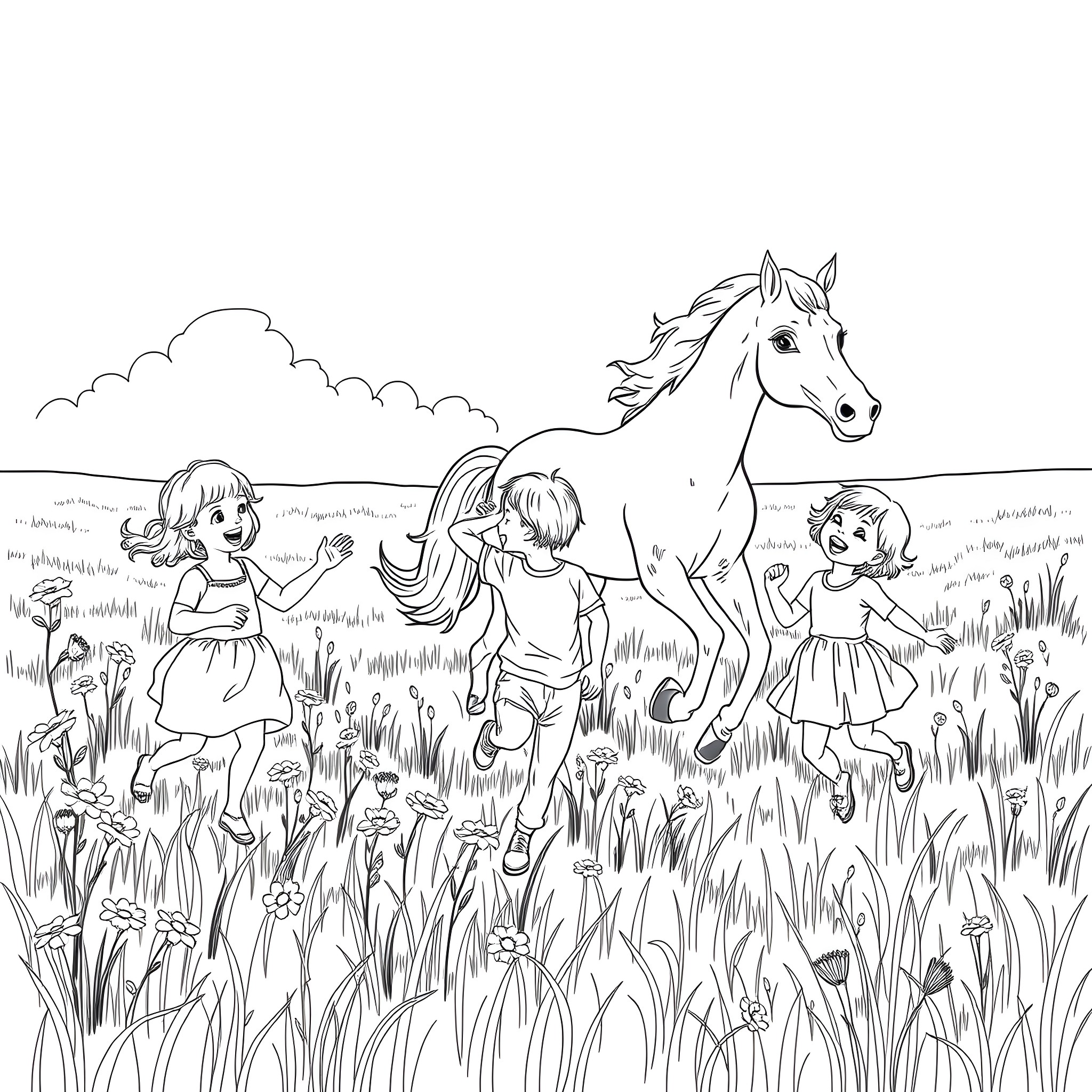 Children playing happily with a horse in the meadow Coloring Page (free black-and-white line drawing printable PDF for all, from beginners to advanced learners, including children, teens, adults, and seniors)