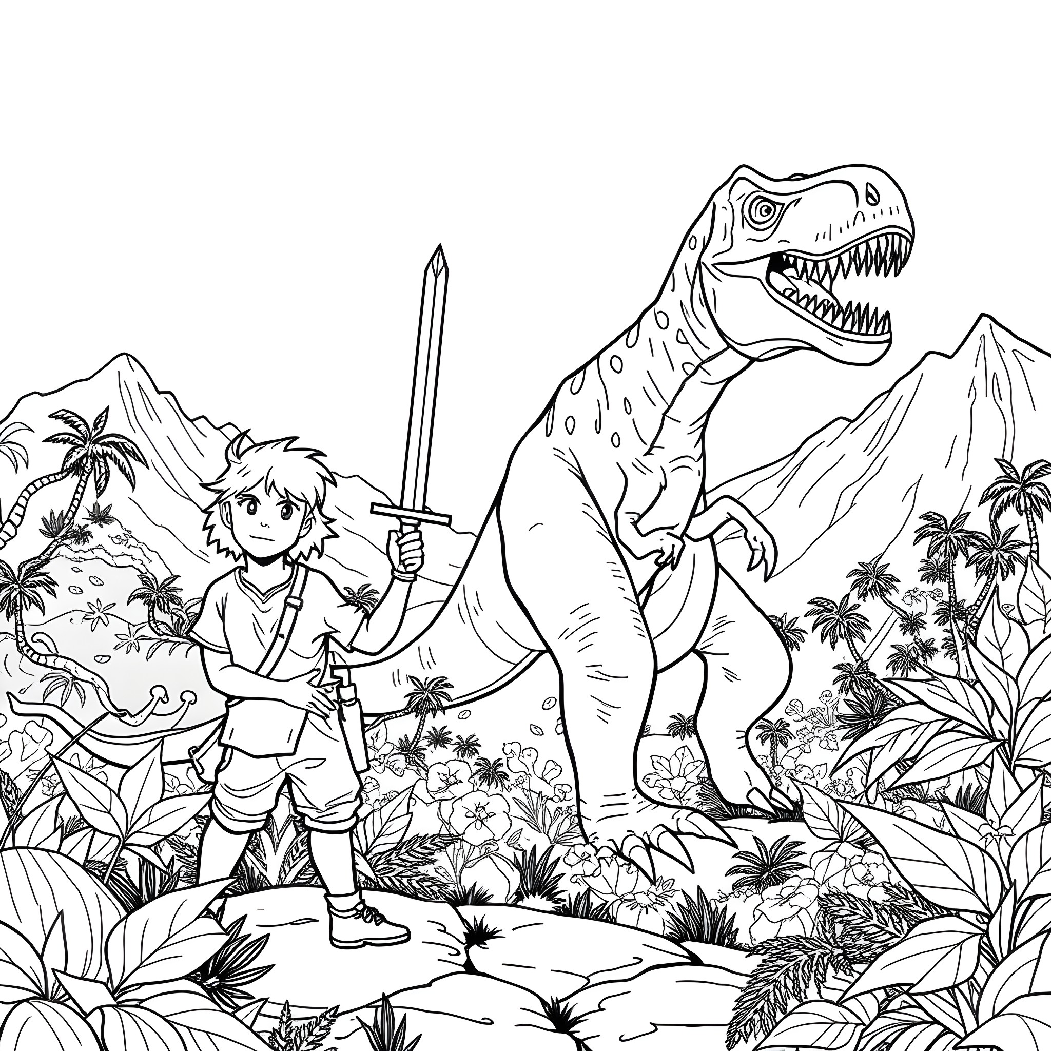 Boy adventuring with dinosaur in the jungle Coloring Page (free black-and-white line drawing printable PDF for all, from beginners to advanced learners, including children, teens, adults, and seniors)
