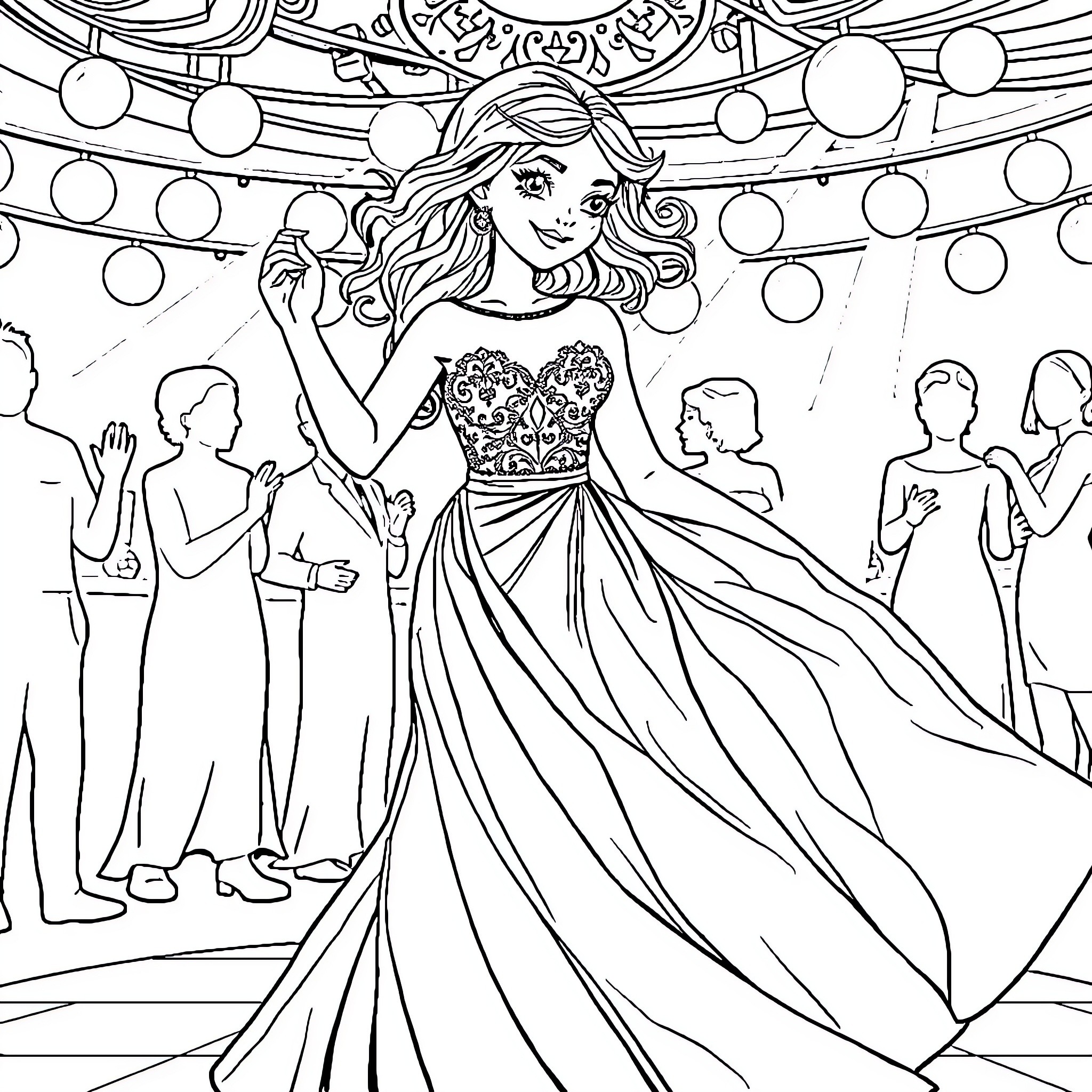 Girl in Elegant Dress Attending Formal Event Coloring Page (free black-and-white line drawing printable PDF for all, from beginners to advanced learners, including children, teens, adults, and seniors)
