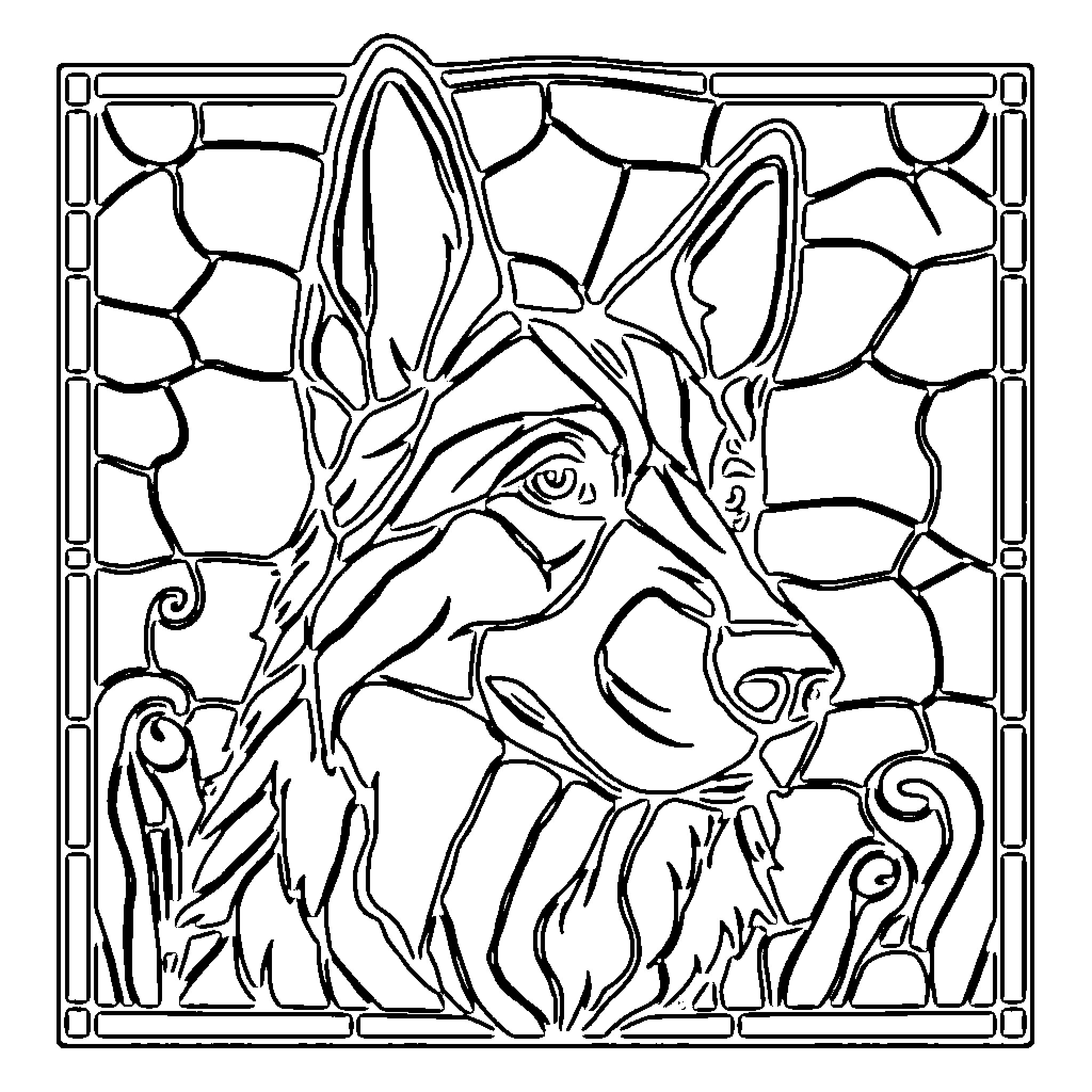 German Shepherd in Stained Glass Artwork Coloring Page (free black-and-white line drawing printable PDF for all, from beginners to advanced learners, including children, teens, adults, and seniors)