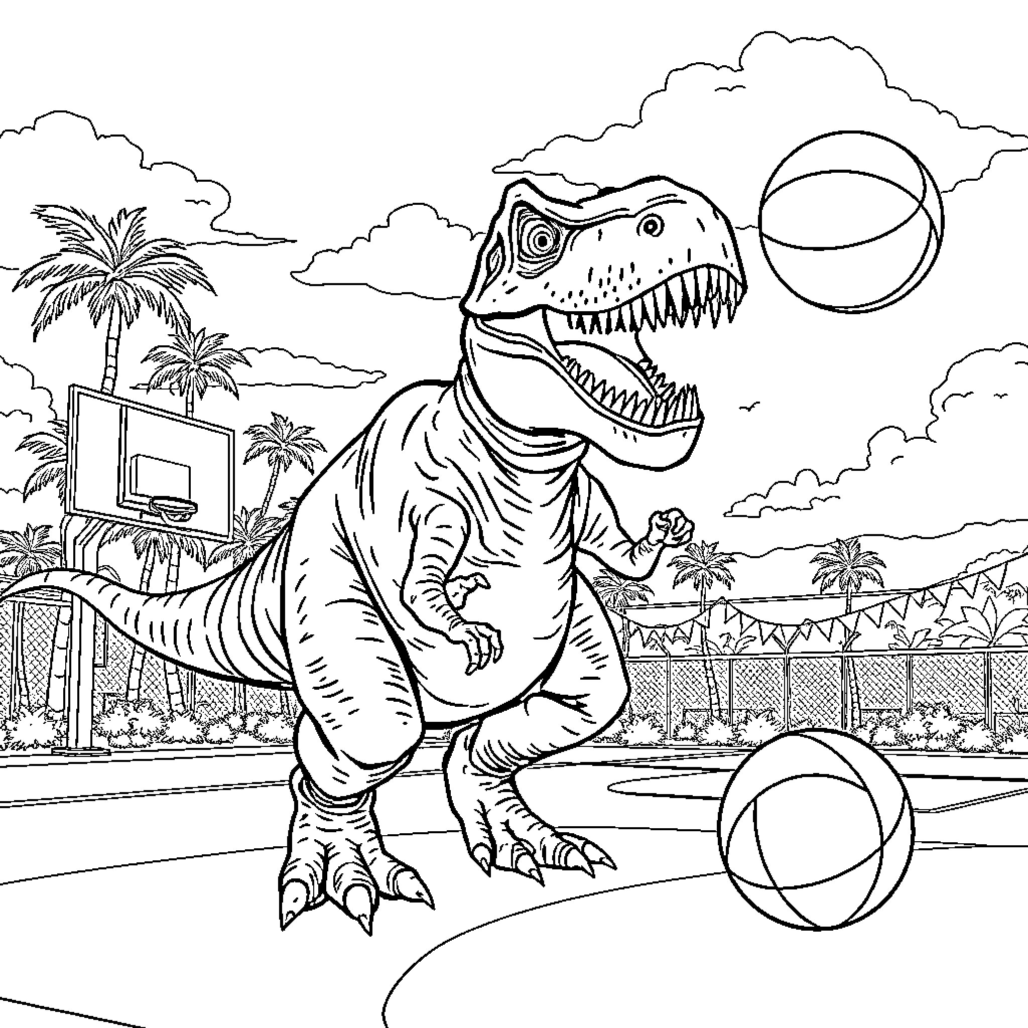 Tyrannosaurus roaring in the tropical paradise Coloring Page (free black-and-white line drawing printable PDF for all, from beginners to advanced learners, including children, teens, adults, and seniors)