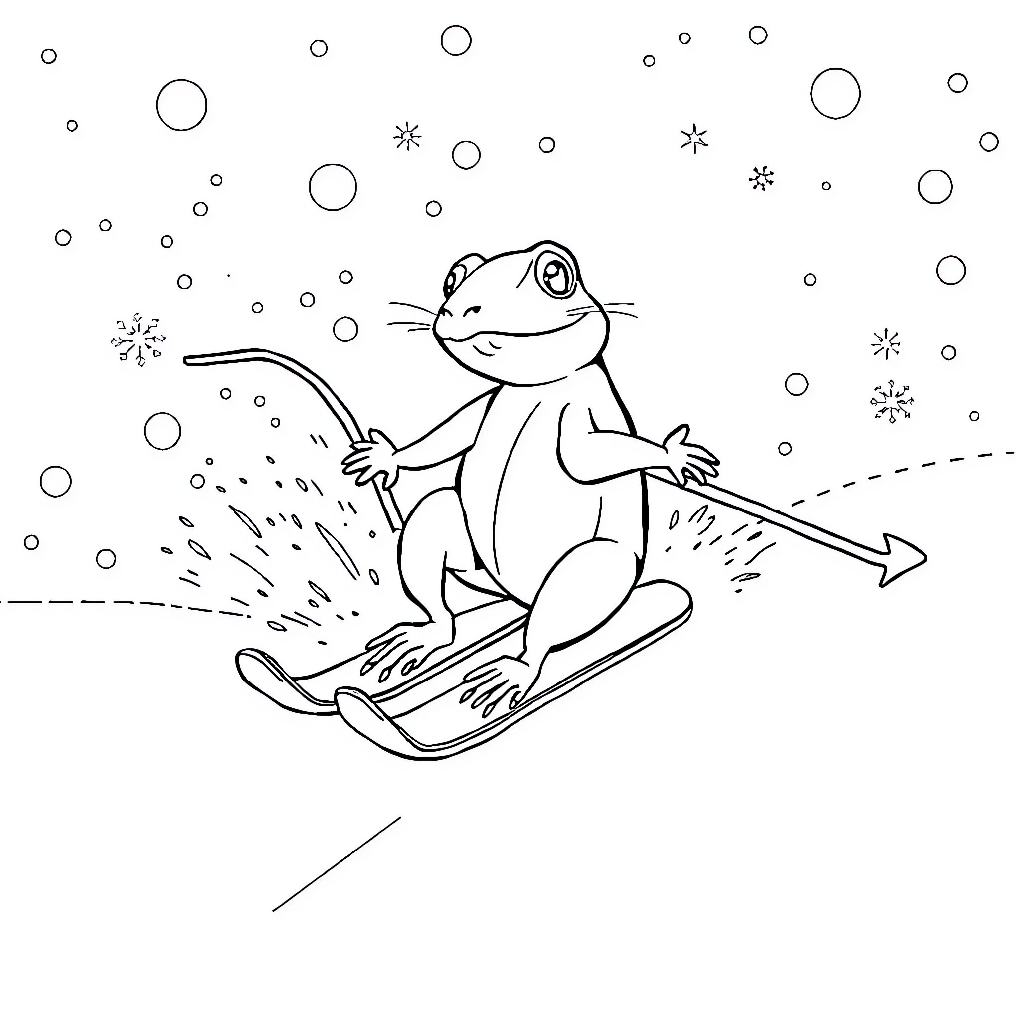 Frog skiing through the snowy landscape Coloring Page (free black-and-white line drawing printable PDF for all, from beginners to advanced learners, including children, teens, adults, and seniors)