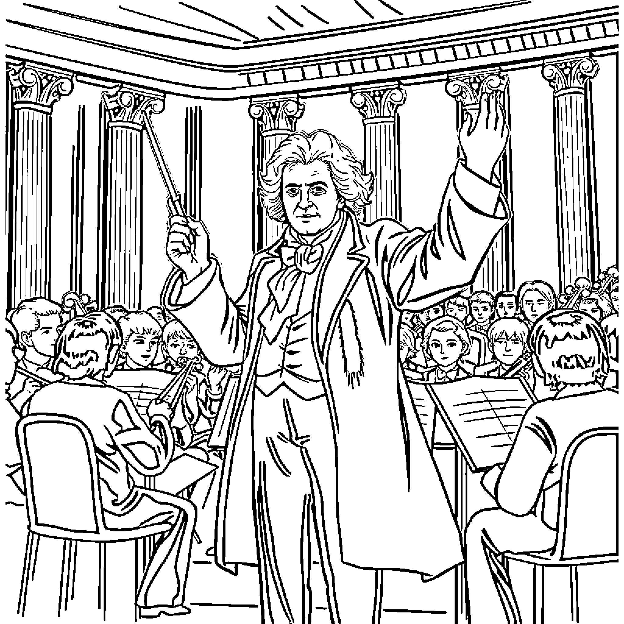 Beethoven Conducting a Musical Performance on Stage Coloring Page (free black-and-white line drawing printable PDF for all, from beginners to advanced learners, including children, teens, adults, and seniors)