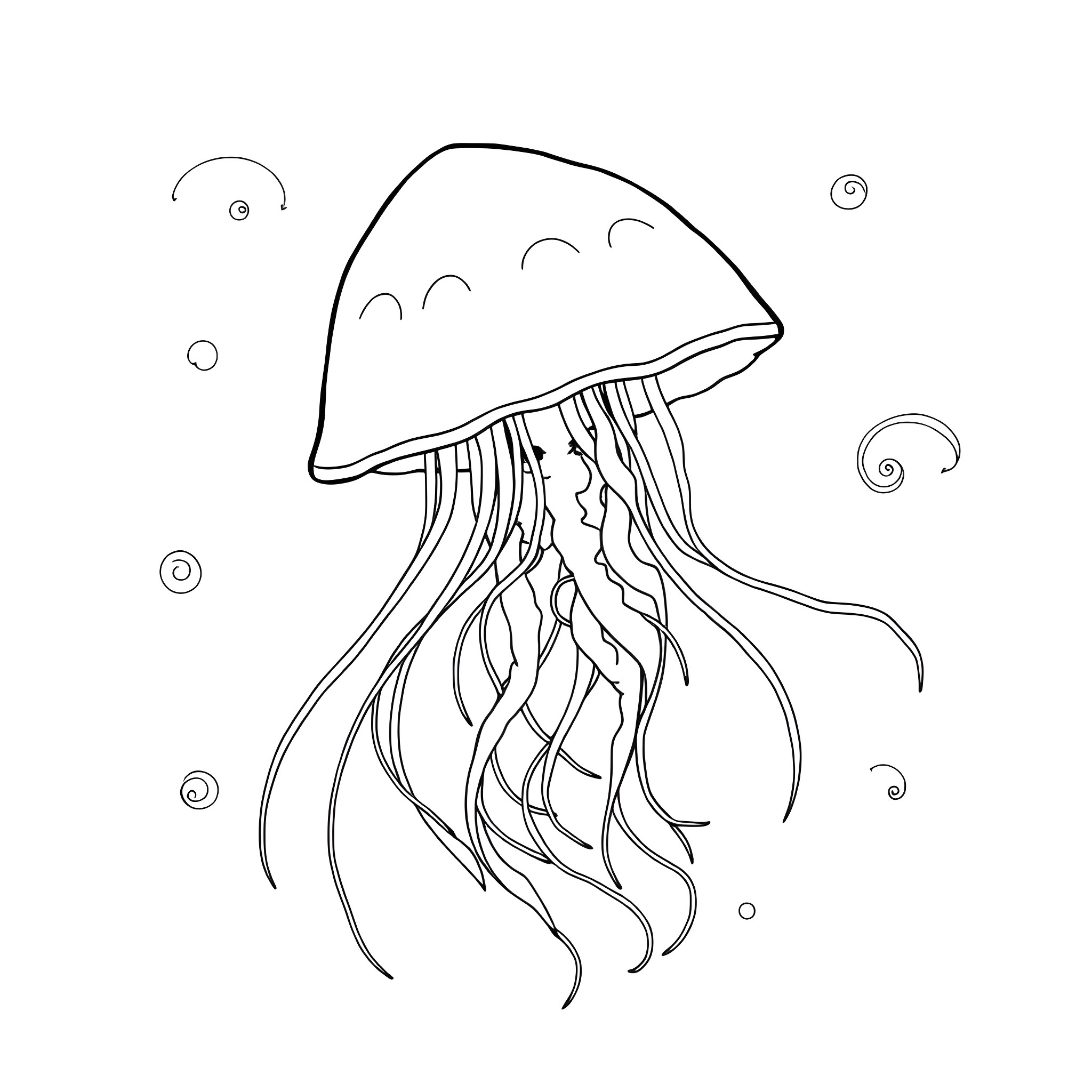 Jellyfish floating gracefully in the ocean Coloring Page (free black-and-white line drawing printable PDF for all, from beginners to advanced learners, including children, teens, adults, and seniors)