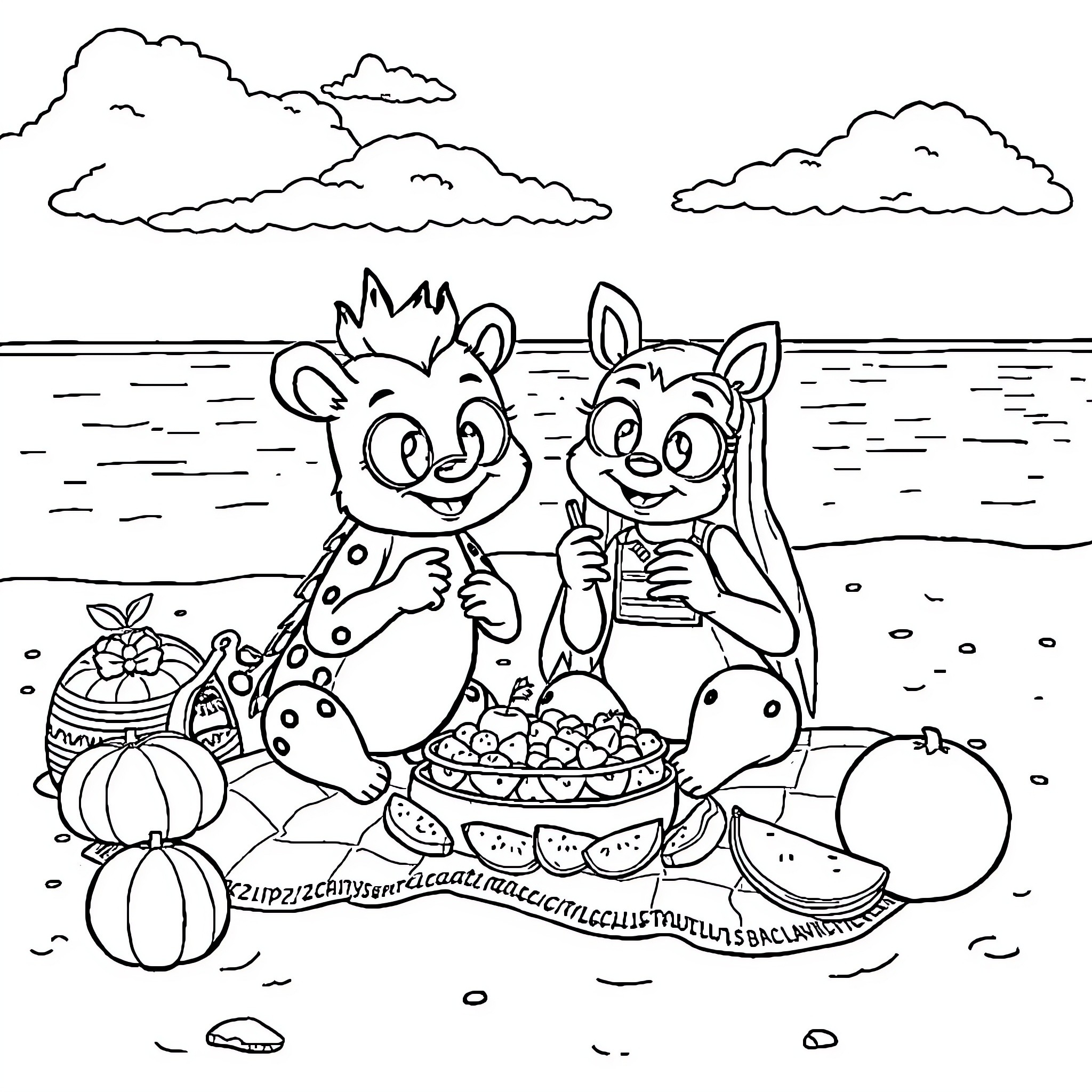 Bear friends enjoying a picnic on the beach Coloring Page (free black-and-white line drawing printable PDF for all, from beginners to advanced learners, including children, teens, adults, and seniors)