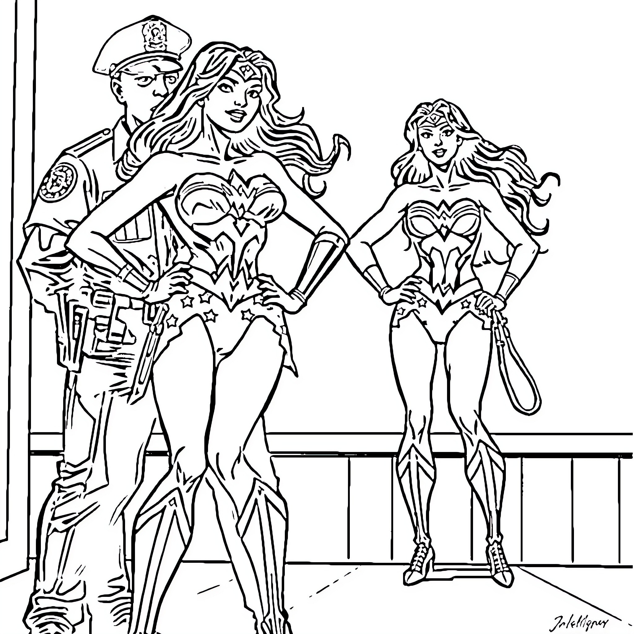 Wonder Woman Heroines in Action Coloring Page (free black-and-white line drawing printable PDF for all, from beginners to advanced learners, including children, teens, adults, and seniors)