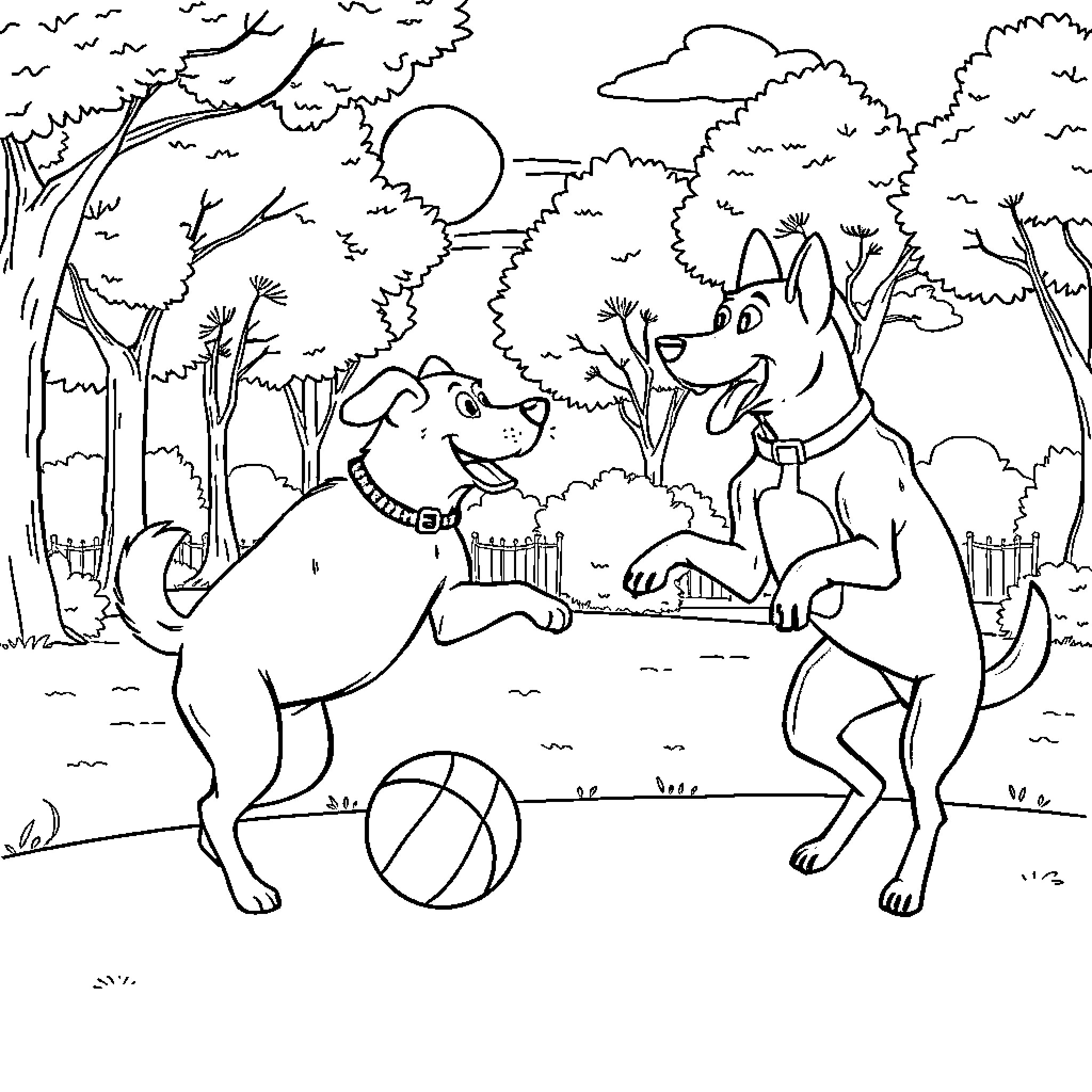 Dog playing together in the forest Coloring Page (free black-and-white line drawing printable PDF for all, from beginners to advanced learners, including children, teens, adults, and seniors)