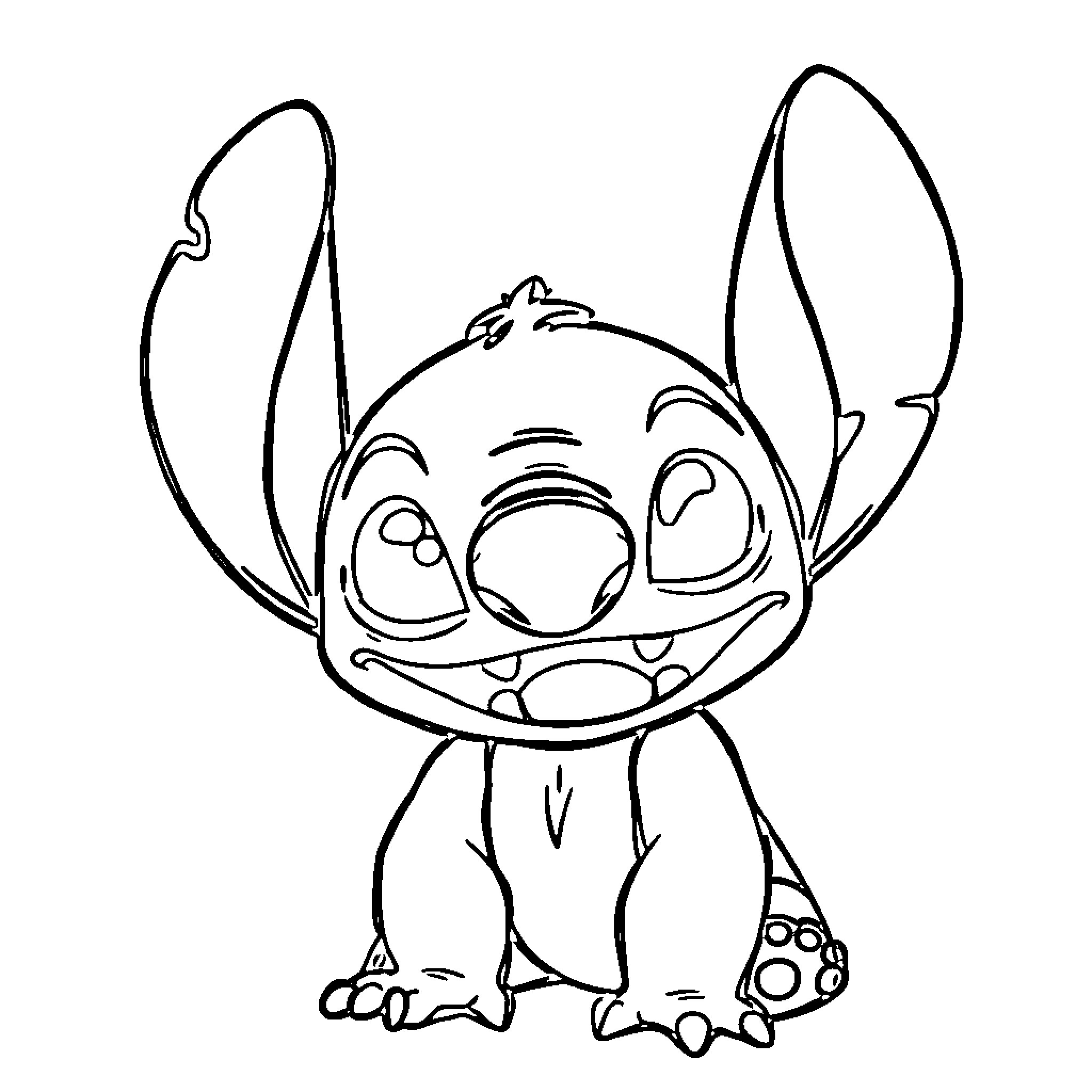 Stitch with a Cheerful Expression Coloring Page (free black-and-white line drawing printable PDF for all, from beginners to advanced learners, including children, teens, adults, and seniors)