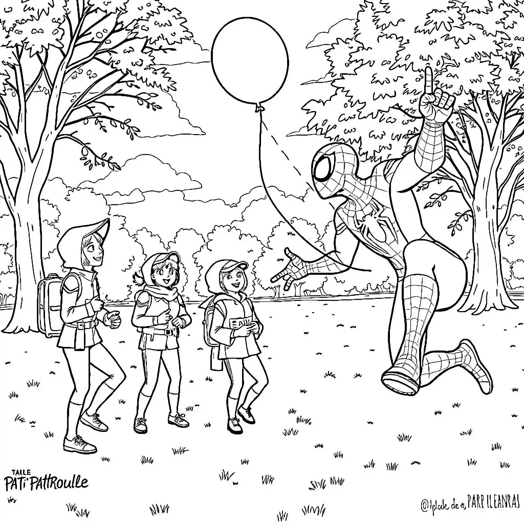 Spiderman interacting with children in outdoor setting Coloring Page (free black-and-white line drawing printable PDF for all, from beginners to advanced learners, including children, teens, adults, and seniors)