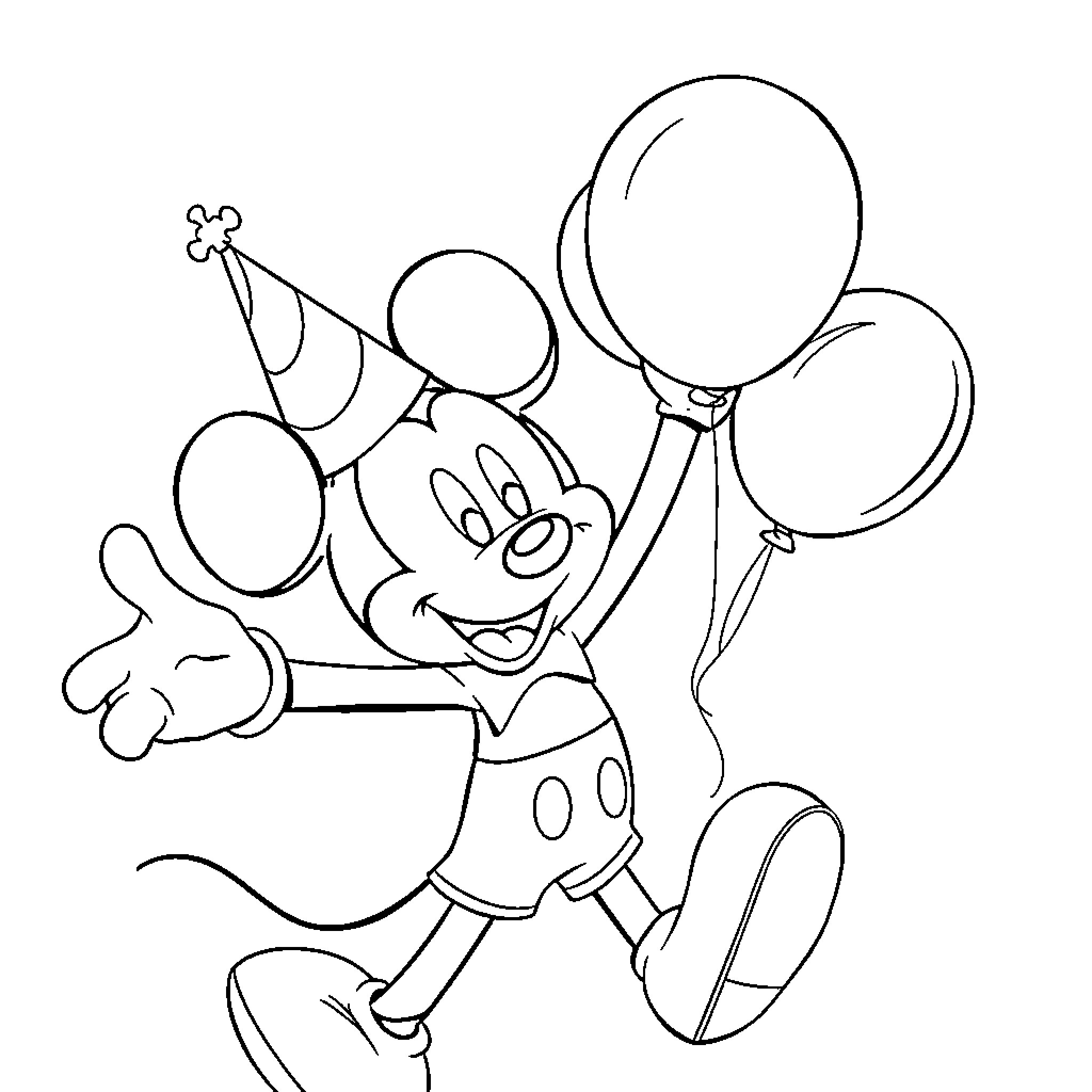 Mickey Mouse celebrating with balloons Coloring Page (free black-and-white line drawing printable PDF for all, from beginners to advanced learners, including children, teens, adults, and seniors)