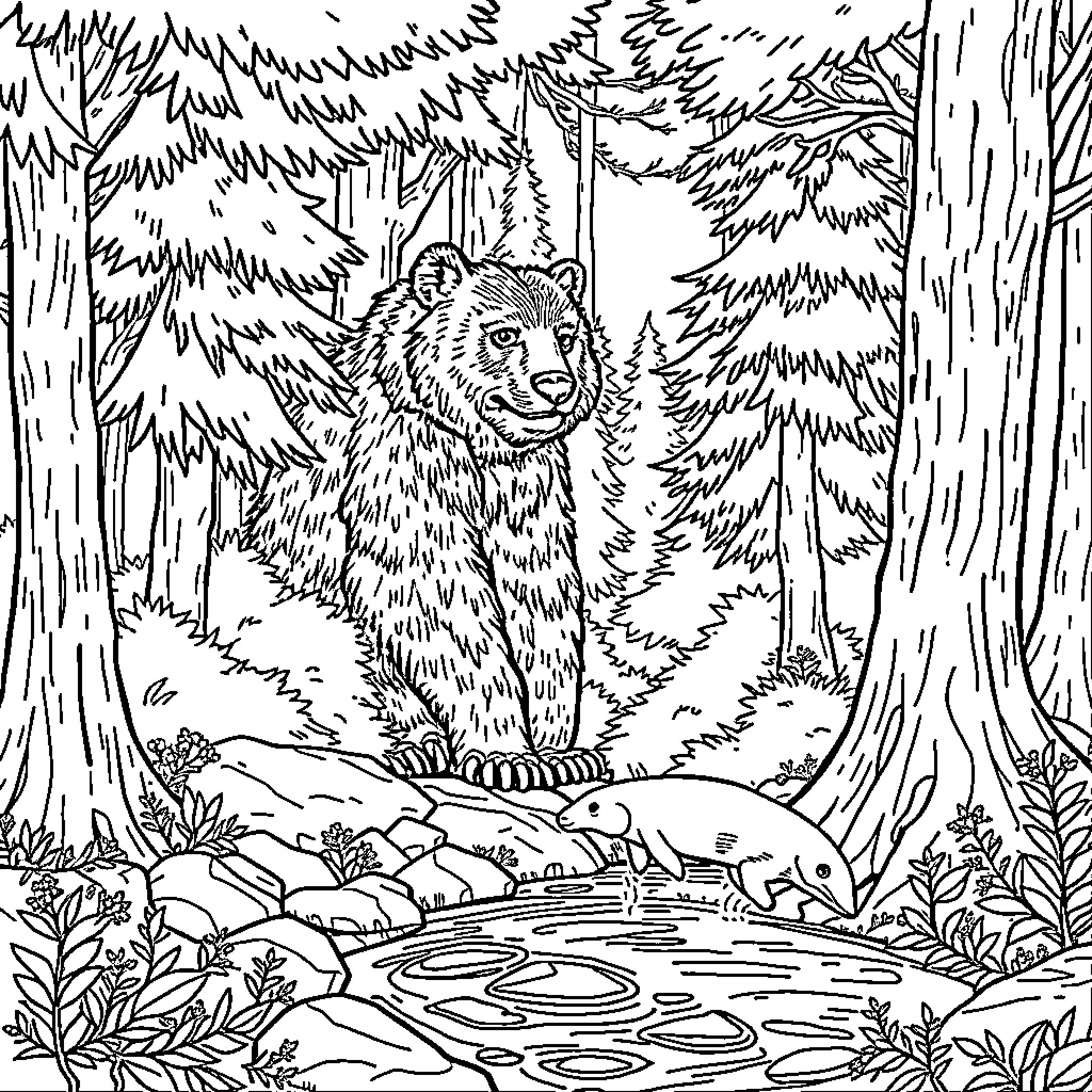Oso exploring the forest Coloring Page (free black-and-white line drawing printable PDF for all, from beginners to advanced learners, including children, teens, adults, and seniors)
