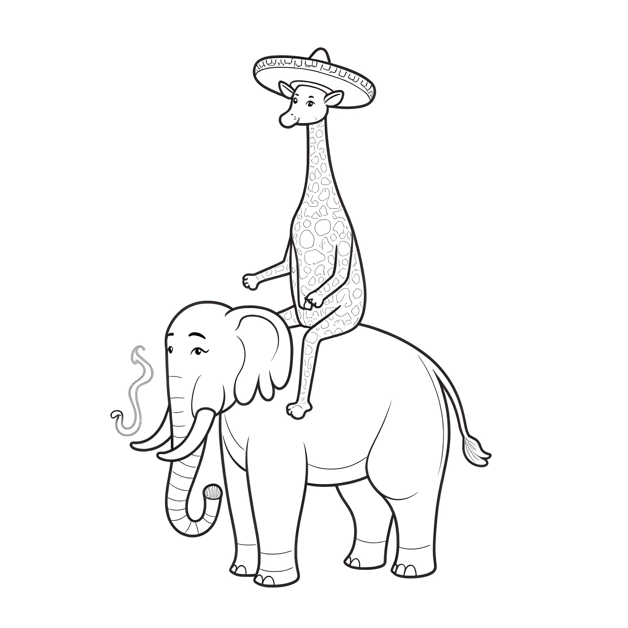 Giraffe riding a playful elephant Coloring Page (free black-and-white line drawing printable PDF for all, from beginners to advanced learners, including children, teens, adults, and seniors)