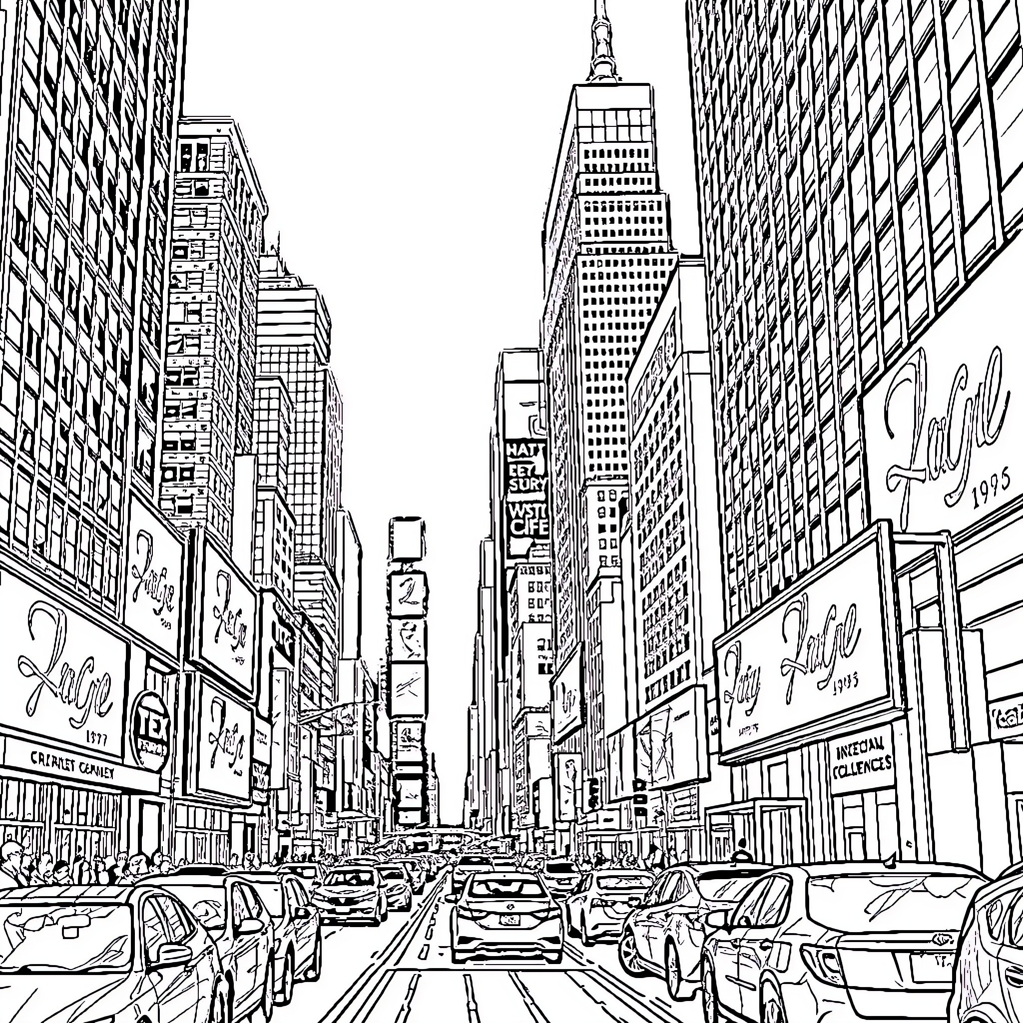New York City's Bustling Urban Landscape Coloring Page (free black-and-white line drawing printable PDF for all, from beginners to advanced learners, including children, teens, adults, and seniors)