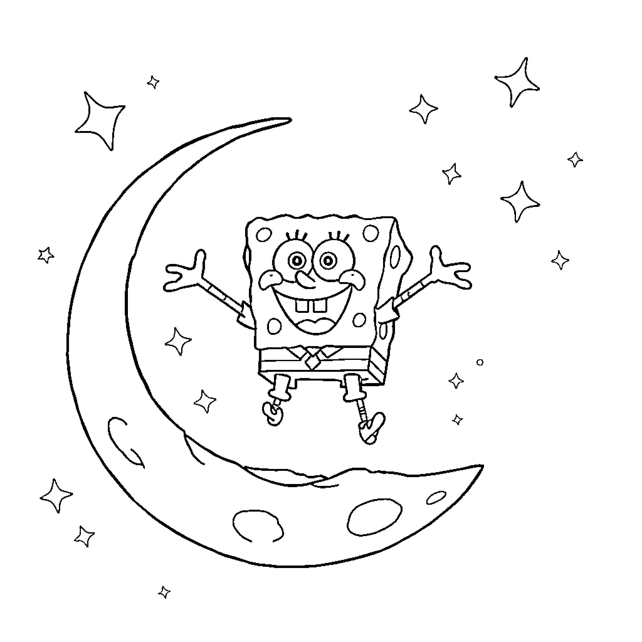Spongebob jumping happily on the moon Coloring Page (free black-and-white line drawing printable PDF for all, from beginners to advanced learners, including children, teens, adults, and seniors)