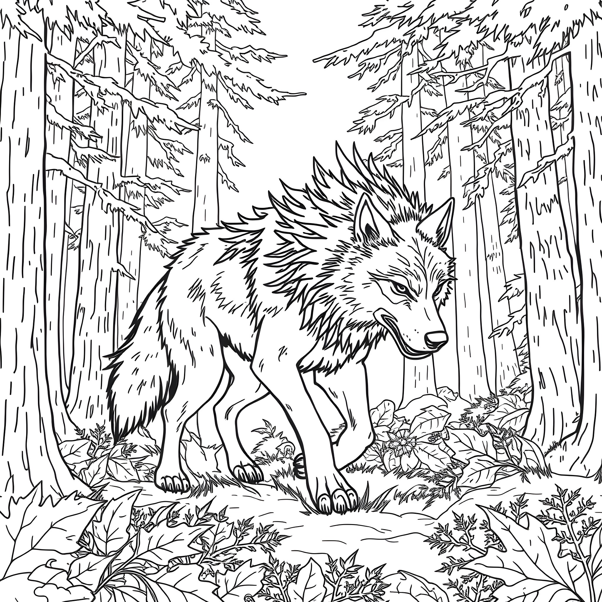 Wolf prowling through the enchanted forest Coloring Page (free black-and-white line drawing printable PDF for all, from beginners to advanced learners, including children, teens, adults, and seniors)