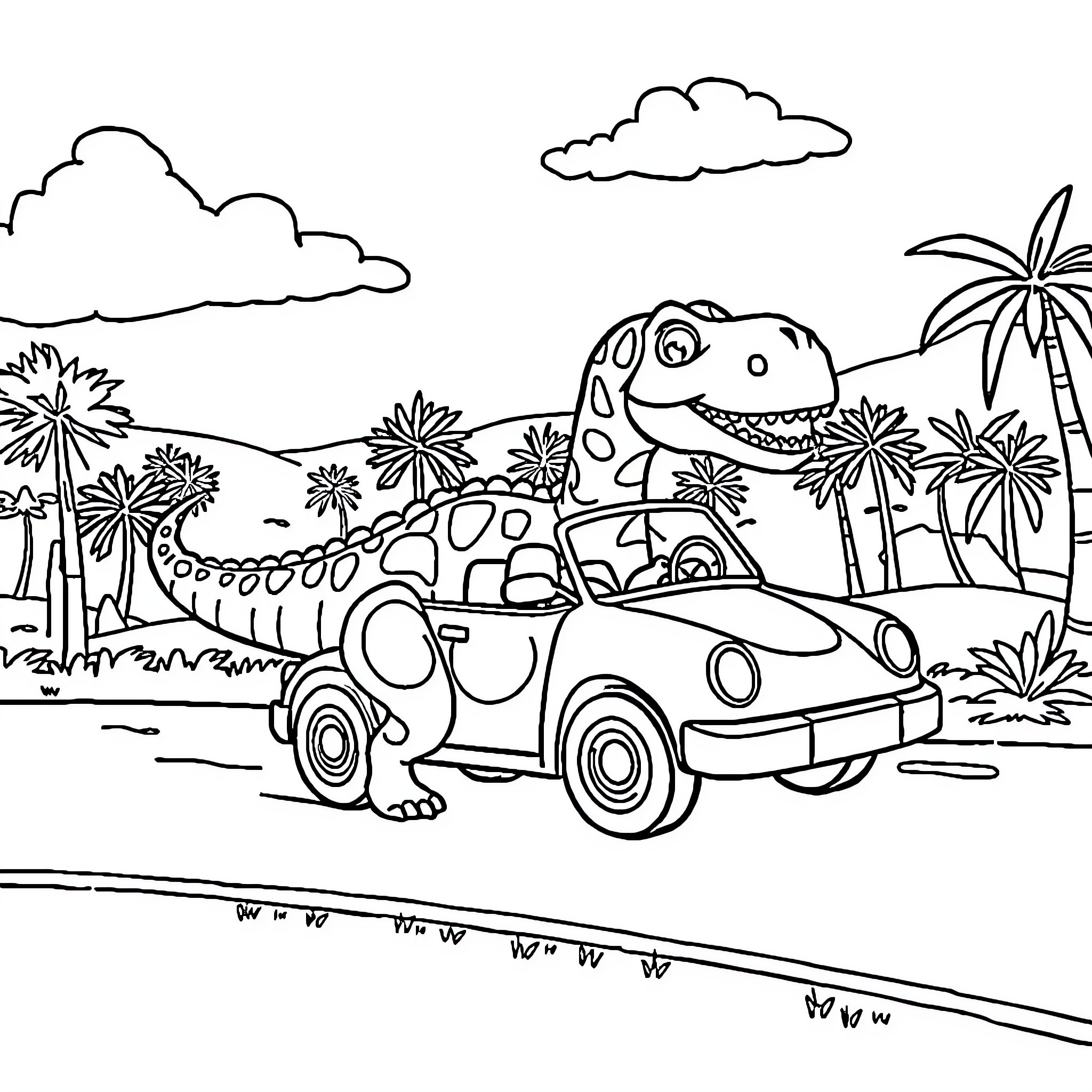 Diplodocus driving car in tropical landscape Coloring Page (free black-and-white line drawing printable PDF for all, from beginners to advanced learners, including children, teens, adults, and seniors)