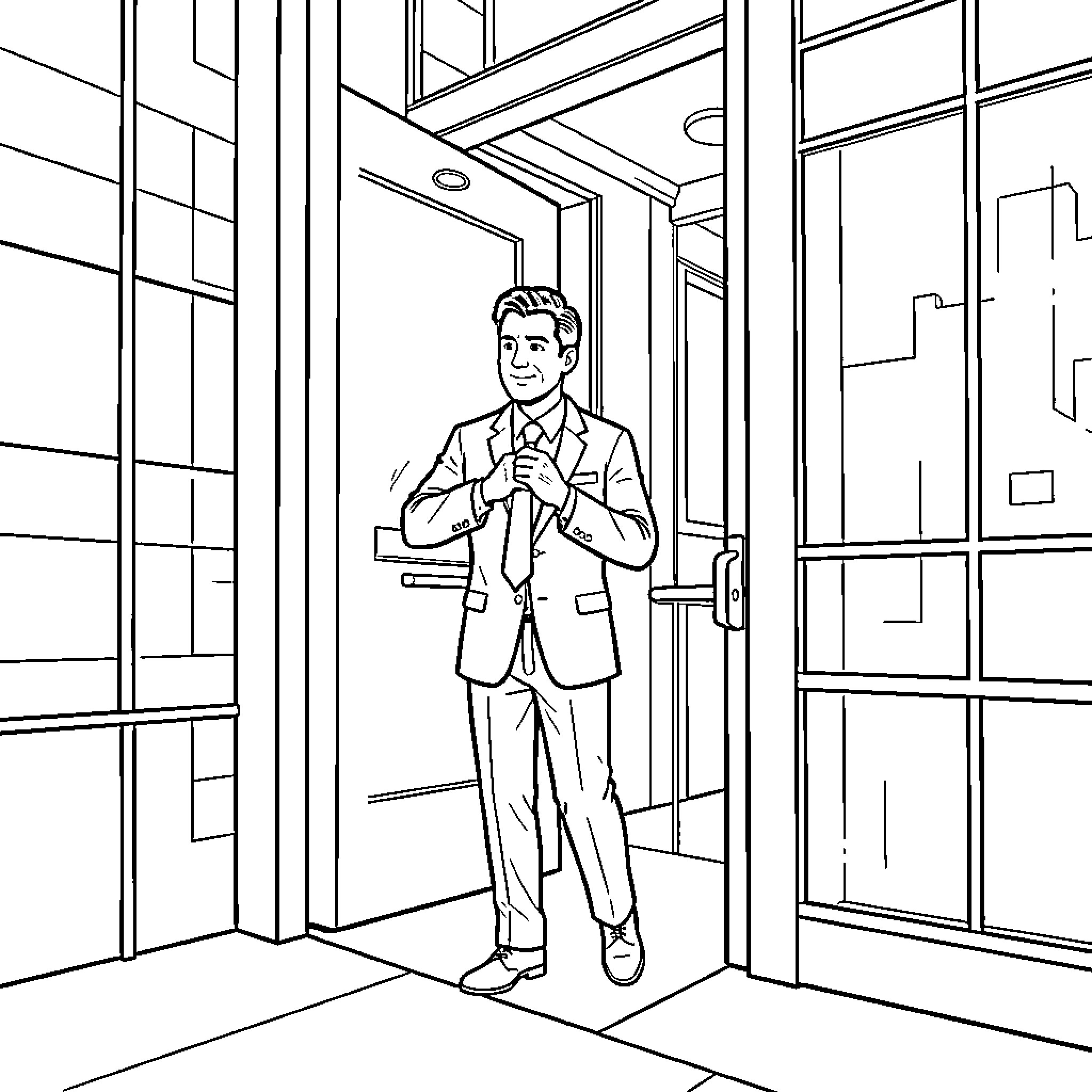 Salesman in a suit walking through a doorway Coloring Page (free black-and-white line drawing printable PDF for all, from beginners to advanced learners, including children, teens, adults, and seniors)
