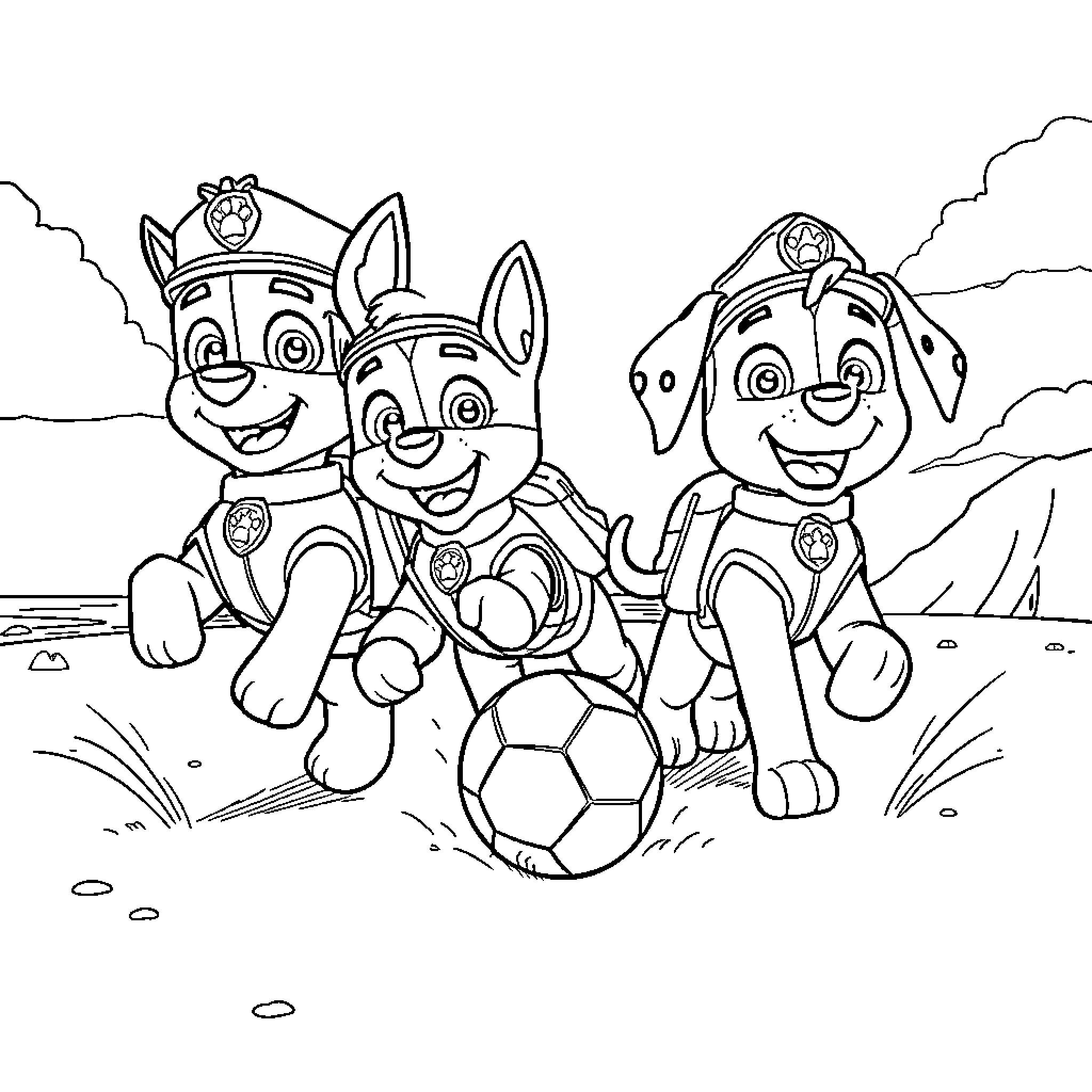 Paw Patrol Puppy Pals Playing Soccer Coloring Page (free black-and-white line drawing printable PDF for all, from beginners to advanced learners, including children, teens, adults, and seniors)