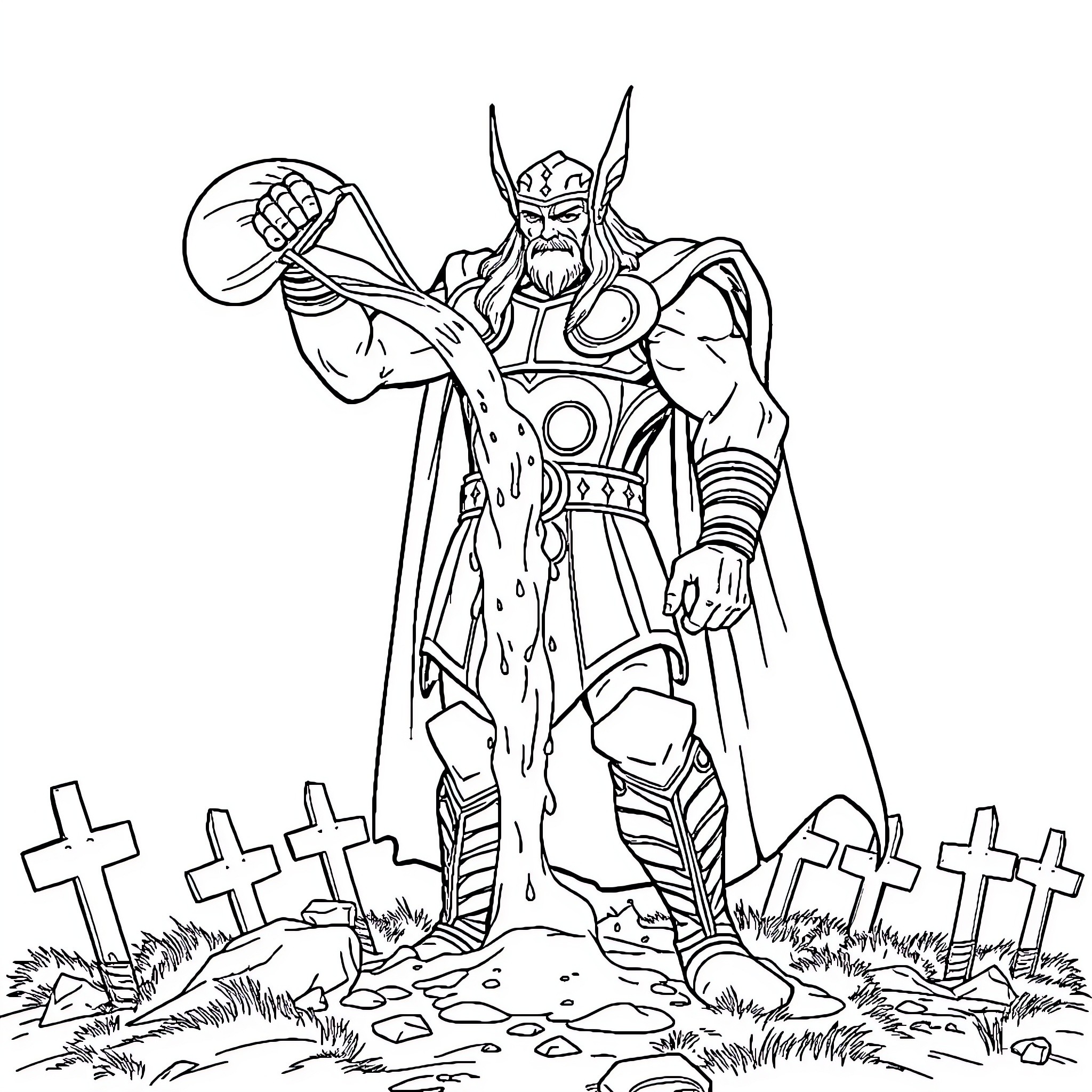Thor the Mighty Warrior Stands Triumphant Coloring Page (free black-and-white line drawing printable PDF for all, from beginners to advanced learners, including children, teens, adults, and seniors)