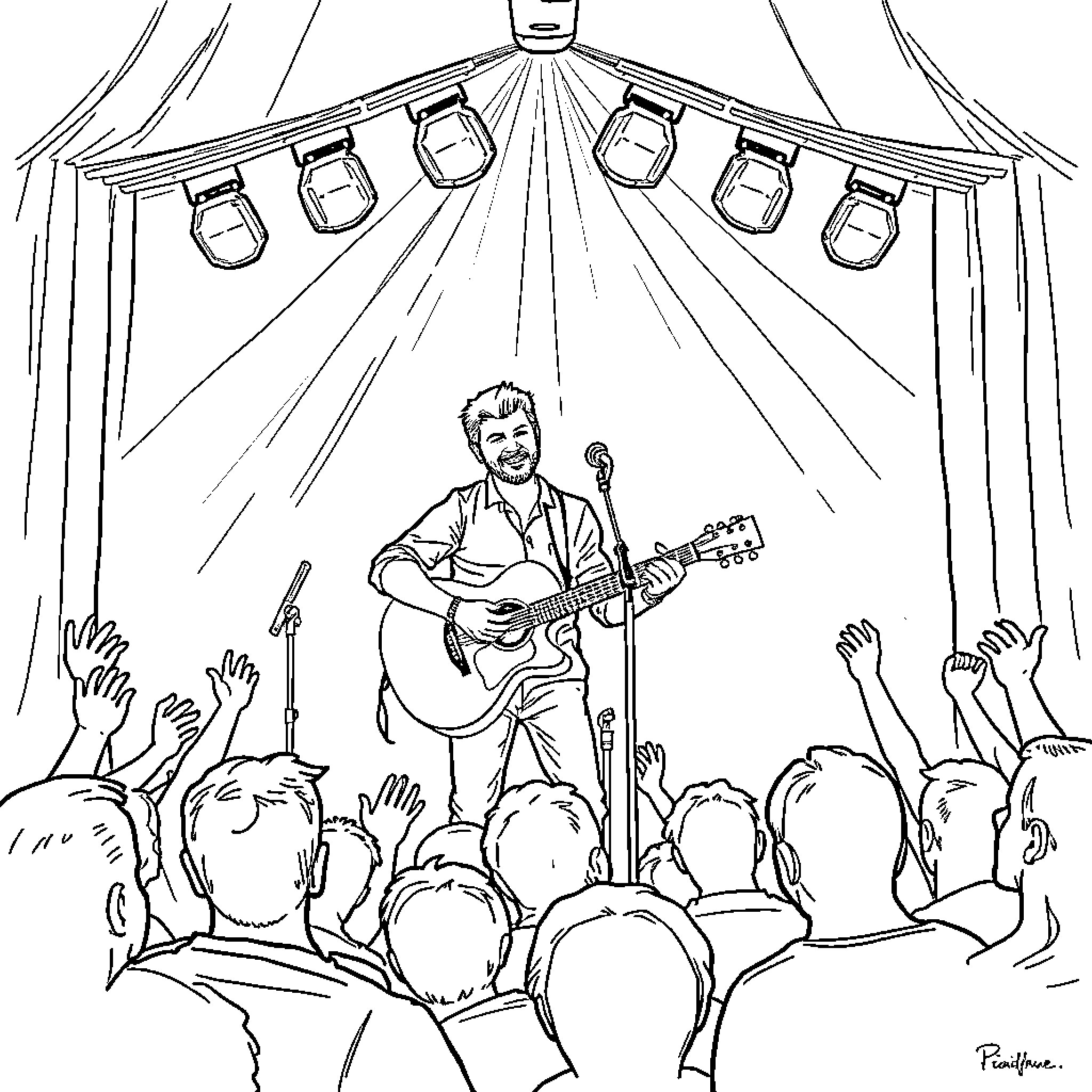 Frank Turner Performing on Stage for Excited Crowd Coloring Page (free black-and-white line drawing printable PDF for all, from beginners to advanced learners, including children, teens, adults, and seniors)