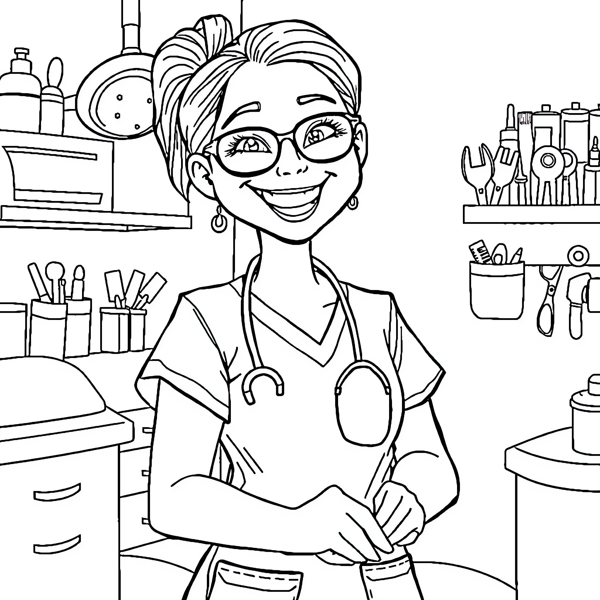 Dental Assistant Smiling and Assisting in Dental Clinic Coloring Page (free black-and-white line drawing printable PDF for all, from beginners to advanced learners, including children, teens, adults, and seniors)