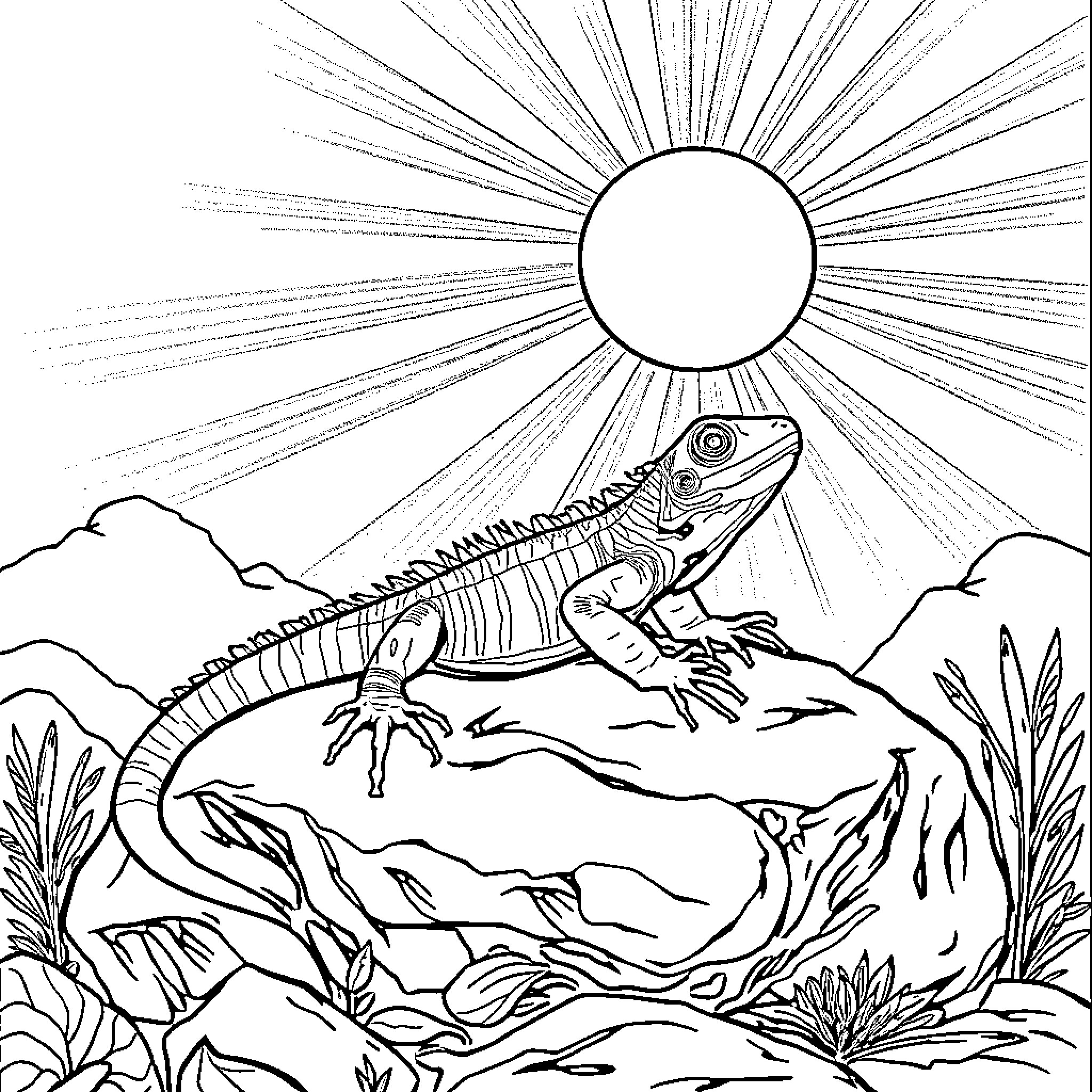 Lizard basking in the sun on rocky terrain Coloring Page (free black-and-white line drawing printable PDF for all, from beginners to advanced learners, including children, teens, adults, and seniors)